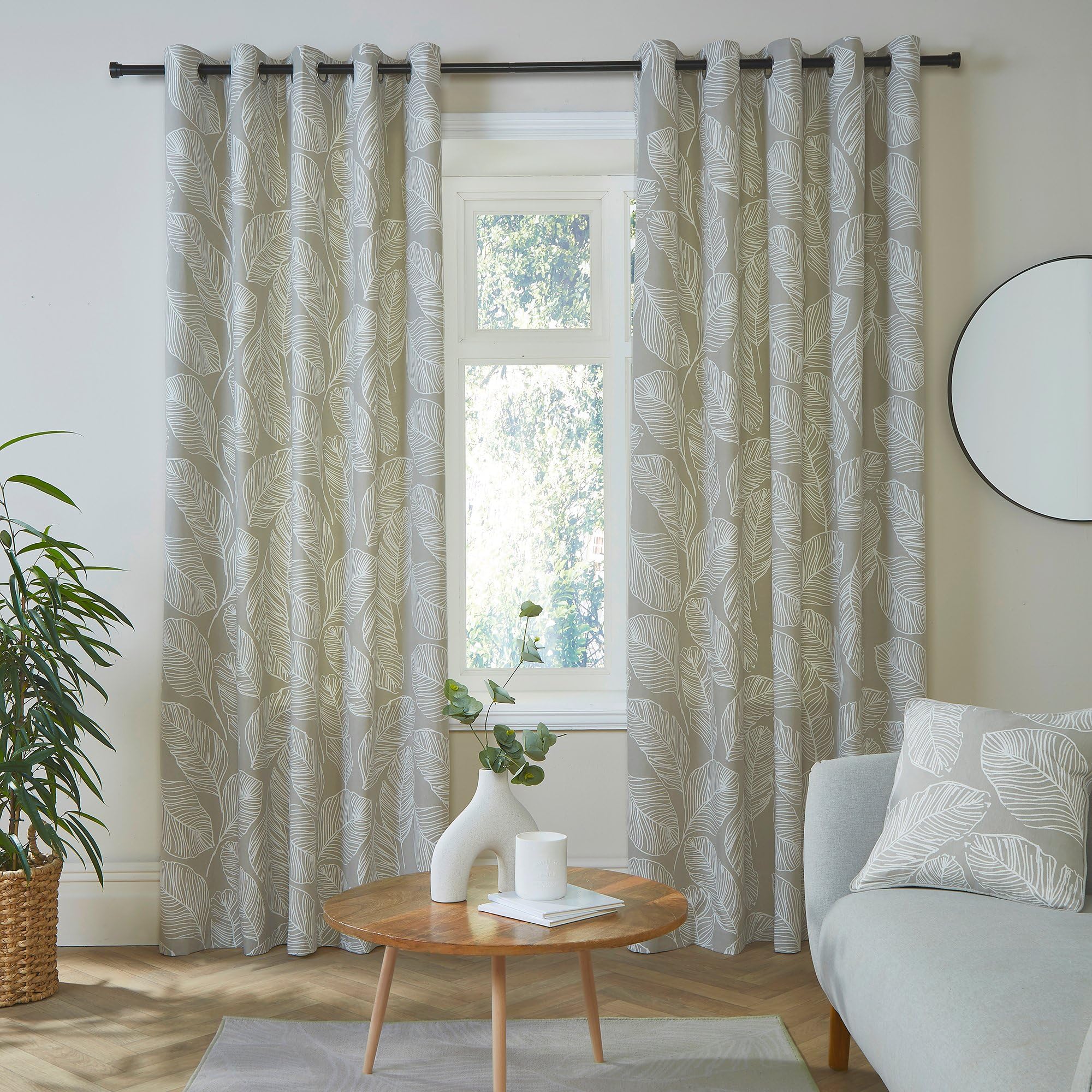 FusionNatural Leaf Eyelet Curtains, W66 x L90 (168 x 229cm), 2 Panels, 100% Cotton, Tropical Print, Matteo Collection