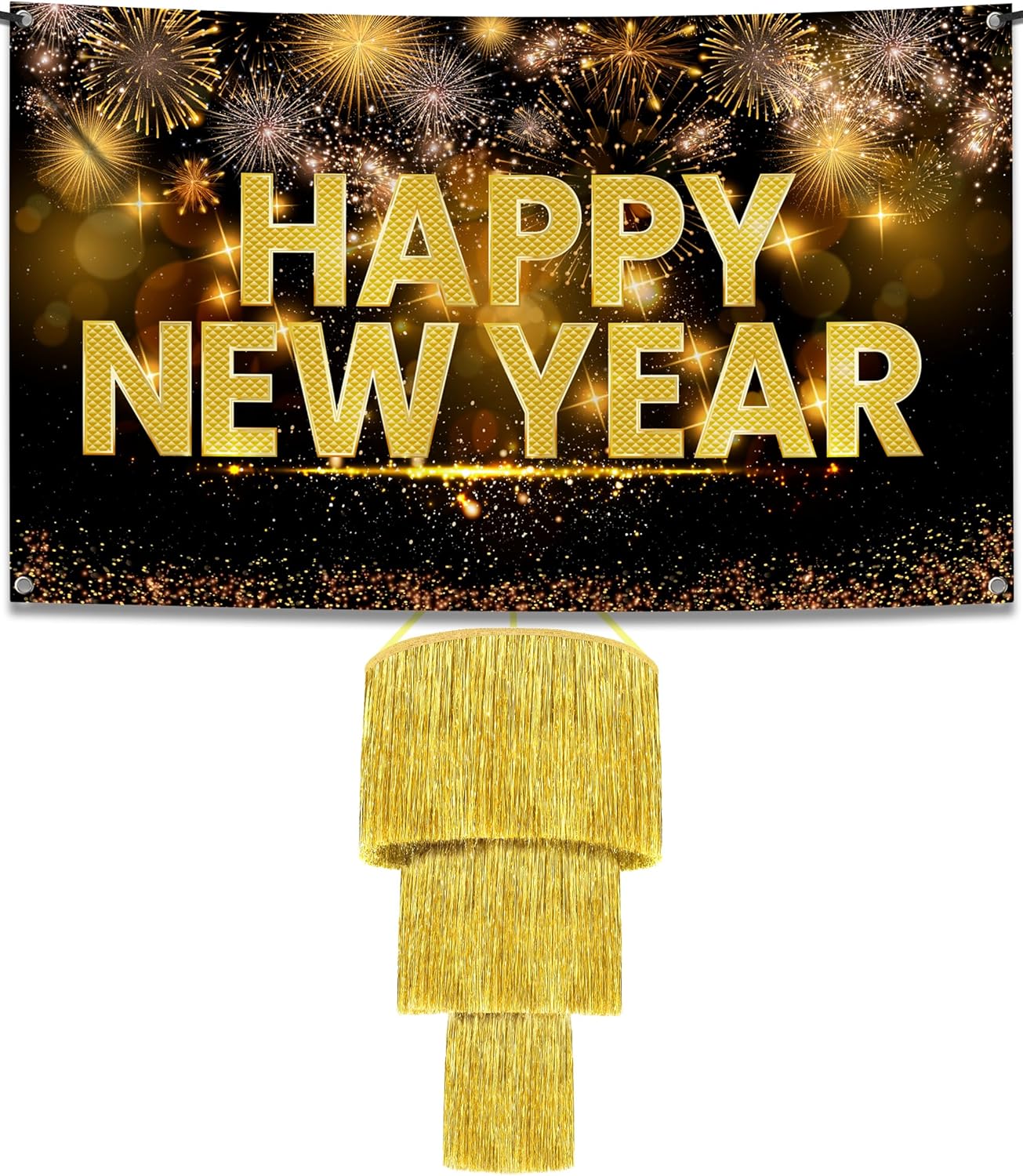 KatchOn, Pack of 2, Gold Tinsel Chandelier Party Decor | Gold Chandelier for New Years Eve Ceiling Decorations with Happy New Year Banner | New Years Eve Backdrop 2026 for New Years Decorations 2026