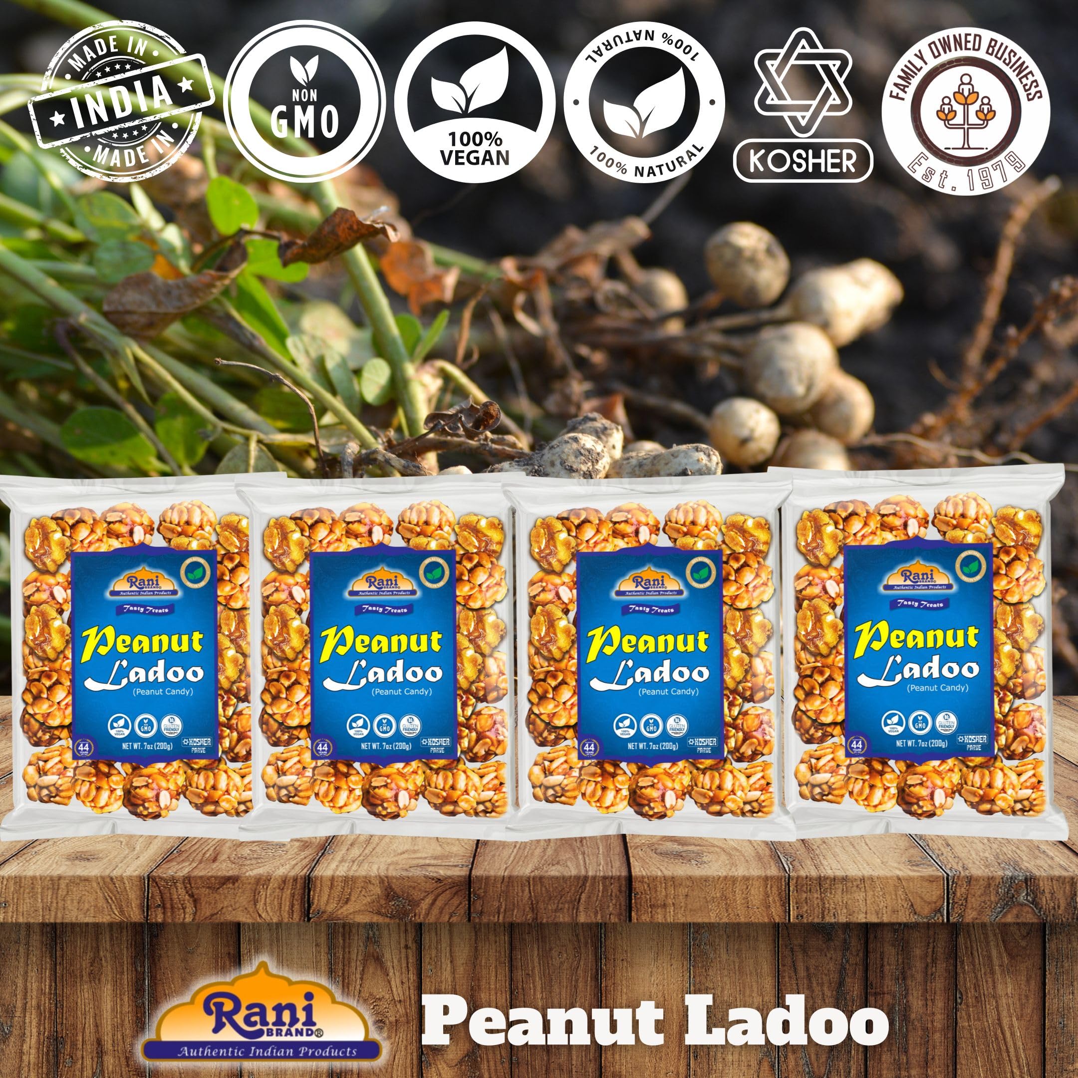 Rani Peanut Ladoo (Round Peanut Brittle Candy) 7oz (200g) x Pack of 4 ~ All Natural | Vegan | No colors | Gluten Friendly | Kosher | Indian Origin