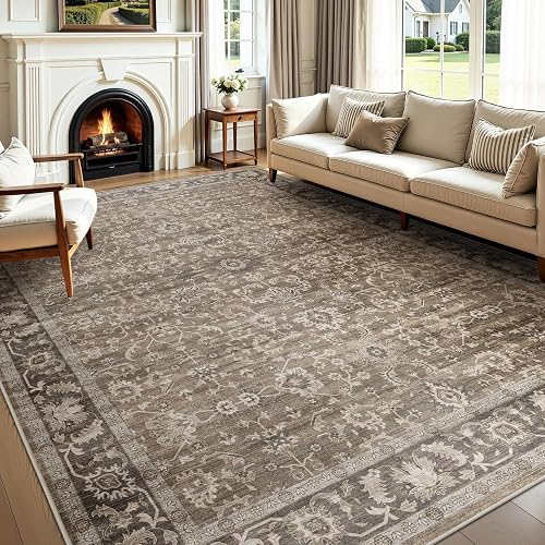 WITSHOCK Washable 8x10 Floral Dining Rug (Dark Brown)