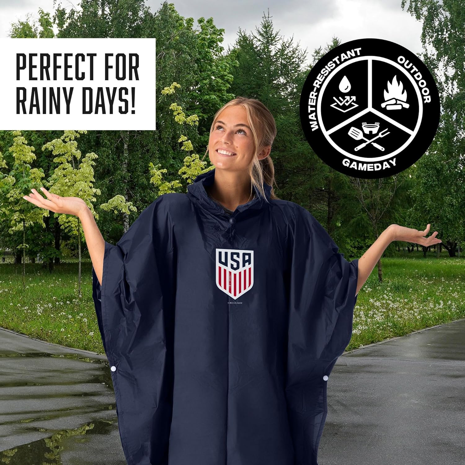 Northwest U.S. Soccer Men's National Team Logo Rain Poncho, Water Resistant Hooded Pullover with Mesh Bag, Lightweight Adult Stadium Gear, 44 x 49 in