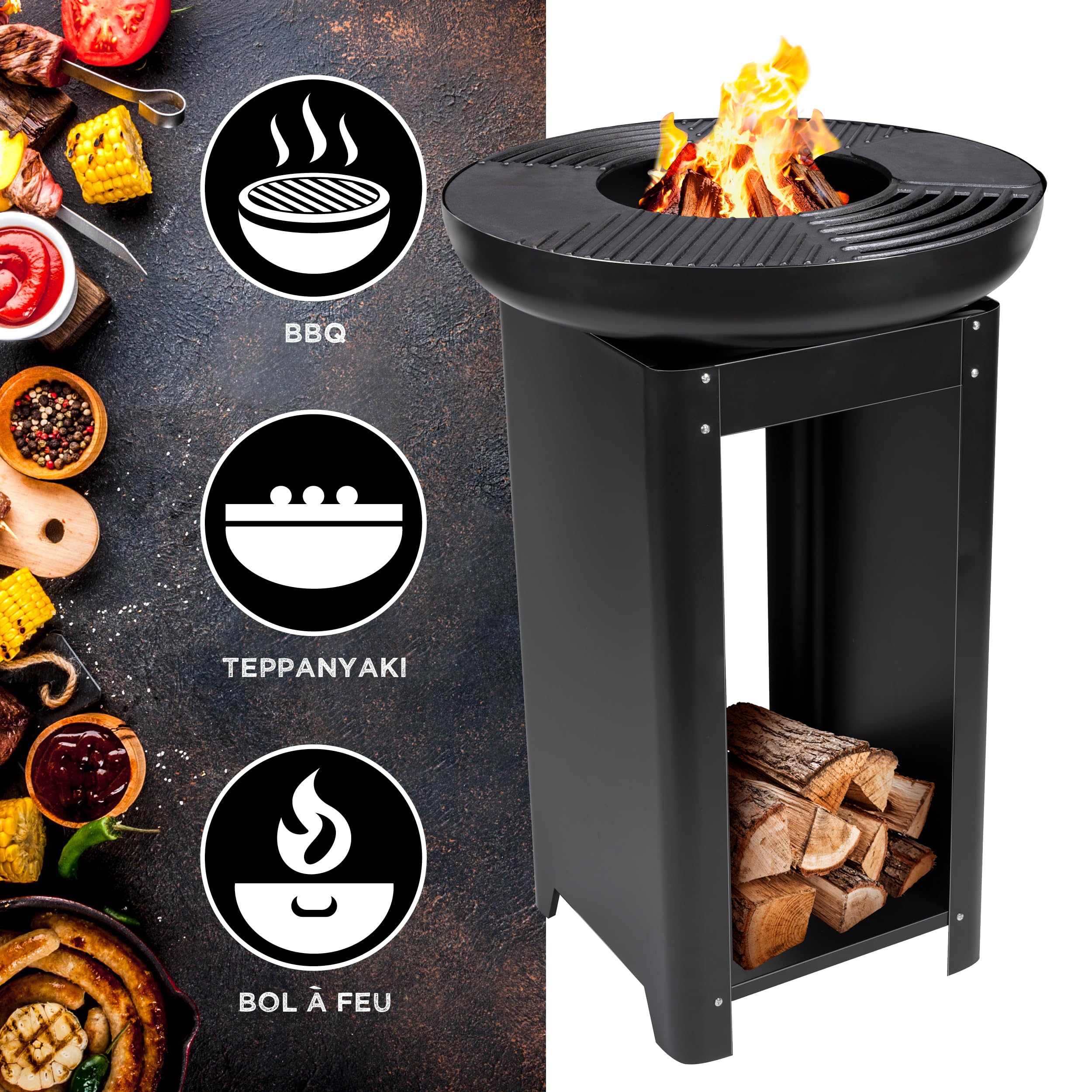 BBQ Collection Palenisko 3 w 1 z rusztem do grillowania – kosz paleniskowy 61 x 90 cm – kuchnia outdoorowa z teppanyaki i płytą grillową – Plancha BBQ z miejscem do przechowywania drewna – kominek