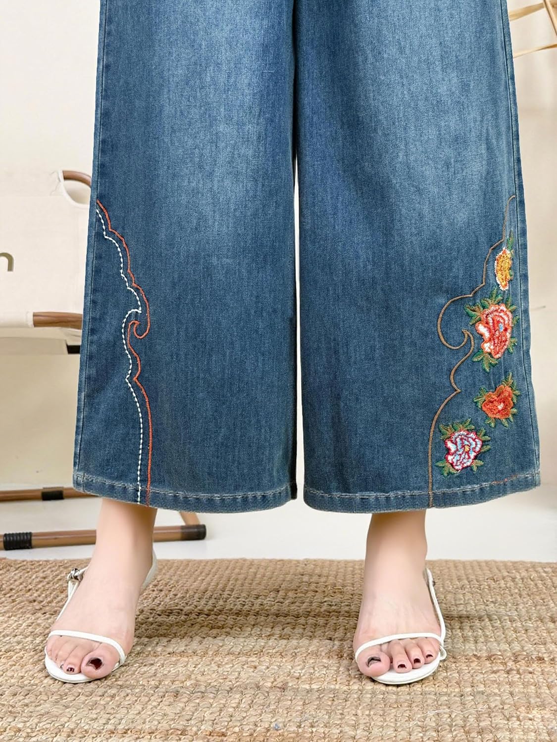 Women Wide Leg Jeans High Waist Embroidery Wide Leg Jean Palazzo Pants Casual Loose Denim Pants with Pockets - Image 5