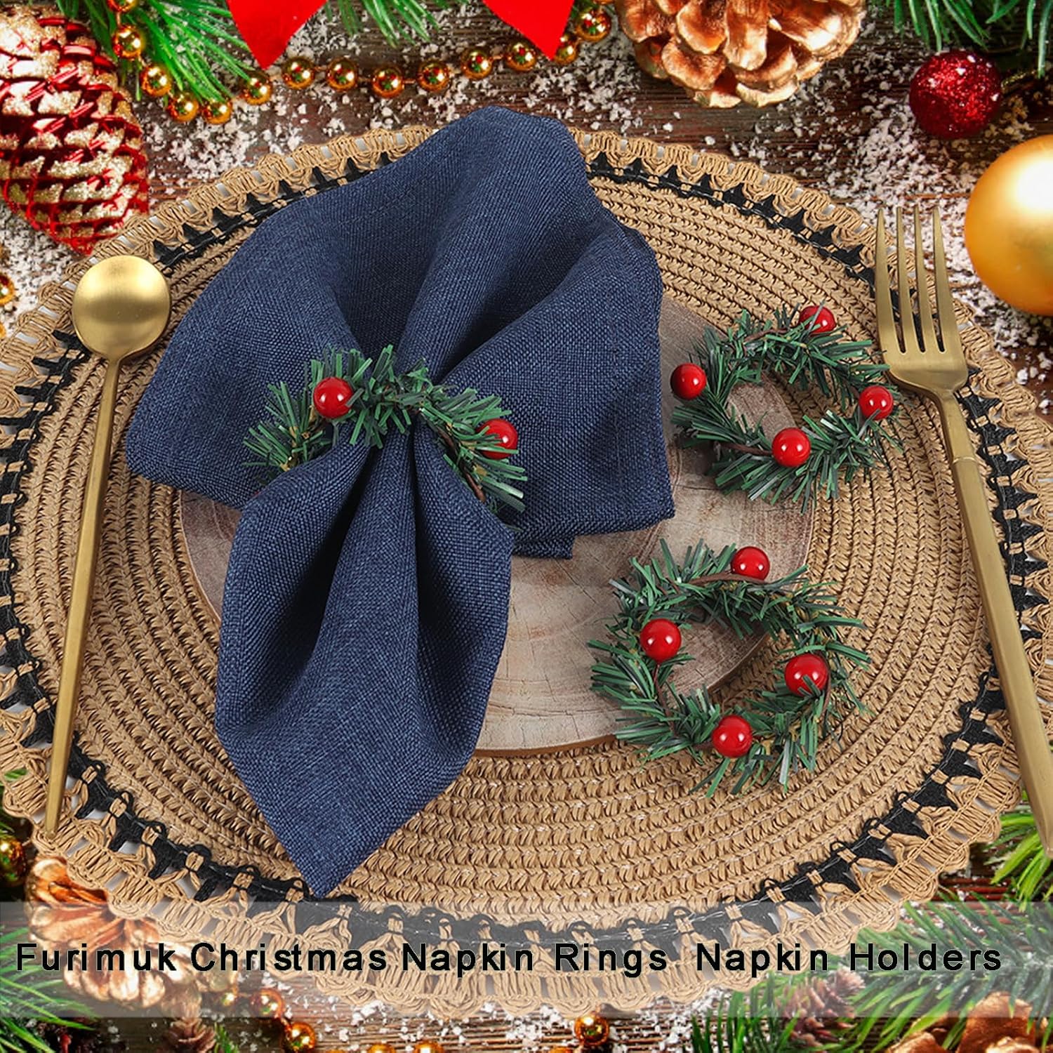 15 Pcs Christmas Napkin Rings Holly Berry Napkin Buckle Needles Wreath Pines Red Berries Candle Ring Wreath Holder for Xmas Birthday Wedding Thanksgiving Party Banquet Table Decorations