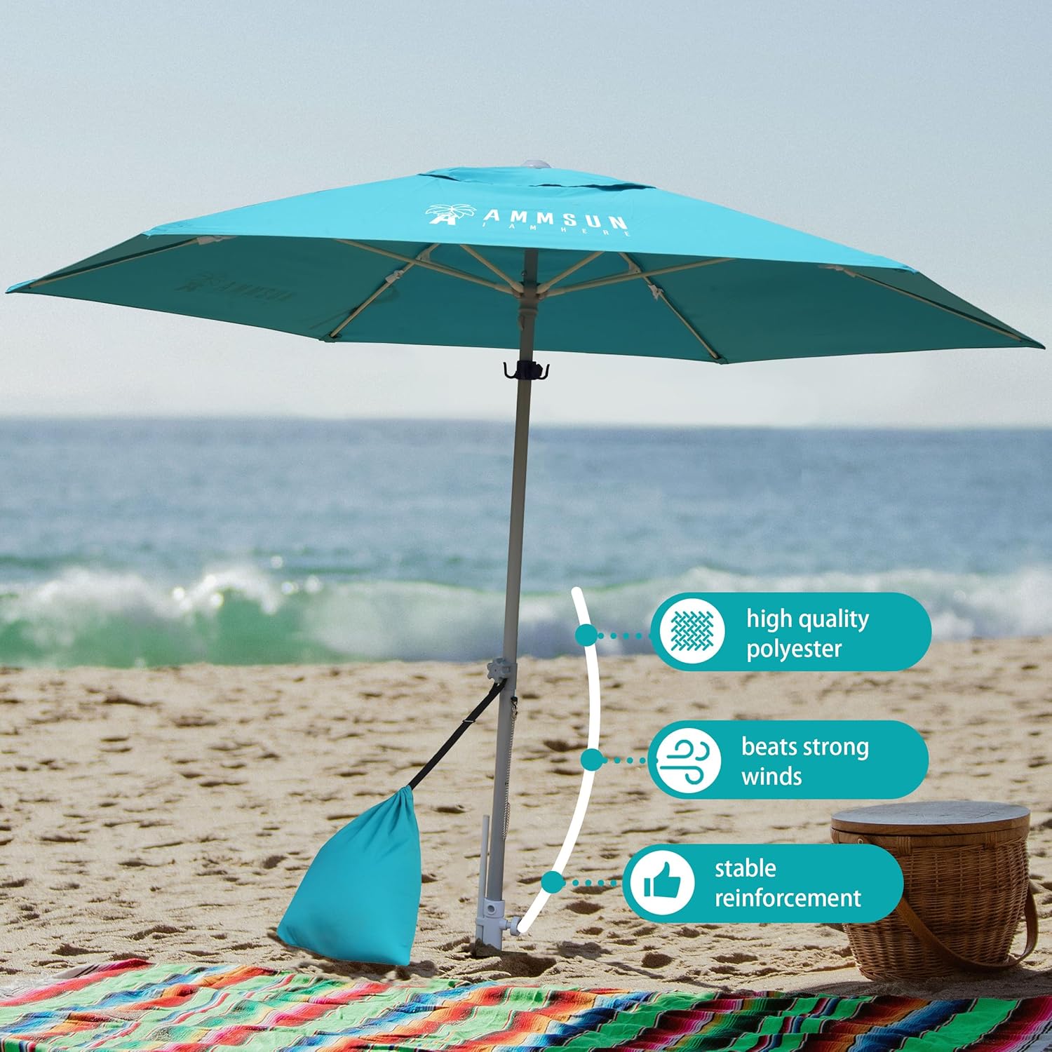 AMMSUN 8ft Large Beach Umbrellas for Sand Heavy Huty Wind Portable Commercial Grade Patio Beach Umbrella with Sand Anchor Adjustable Height Air Vent UPF 50+ Telescoping Pole without tilt Teal