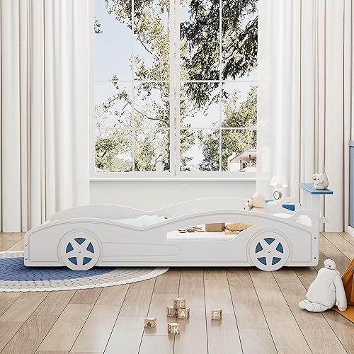 Miniatura 4 de Harper & Bright Designs Cama de plataforma en forma de auto de tamaño individual con almacenamiento y ruedas, cama individual para niños, marco de