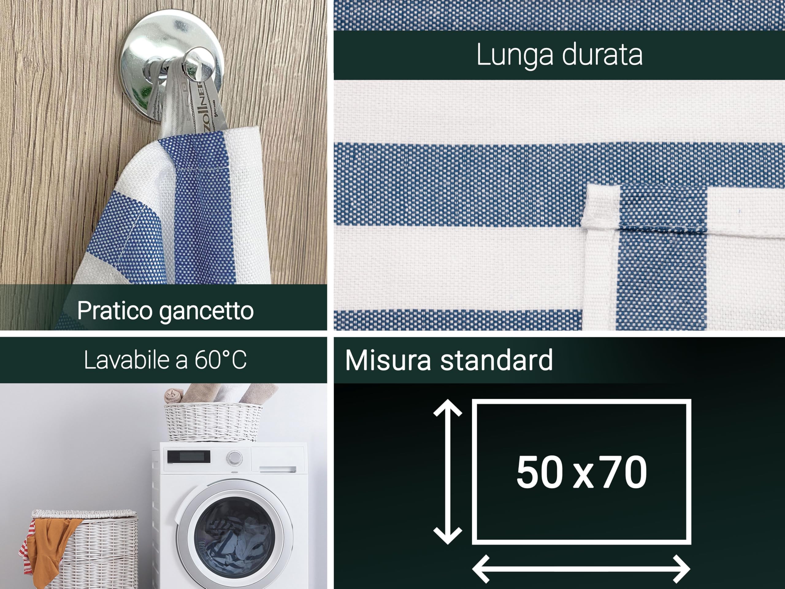 ZOLLNER 5 Strofinacci da cucina 50x70 cm in cotone - canovacci assorbenti e moderni - a righe blu e bianche – lavabili a 60°C – qualità gastronomica – certificato Oeko Tex ®
