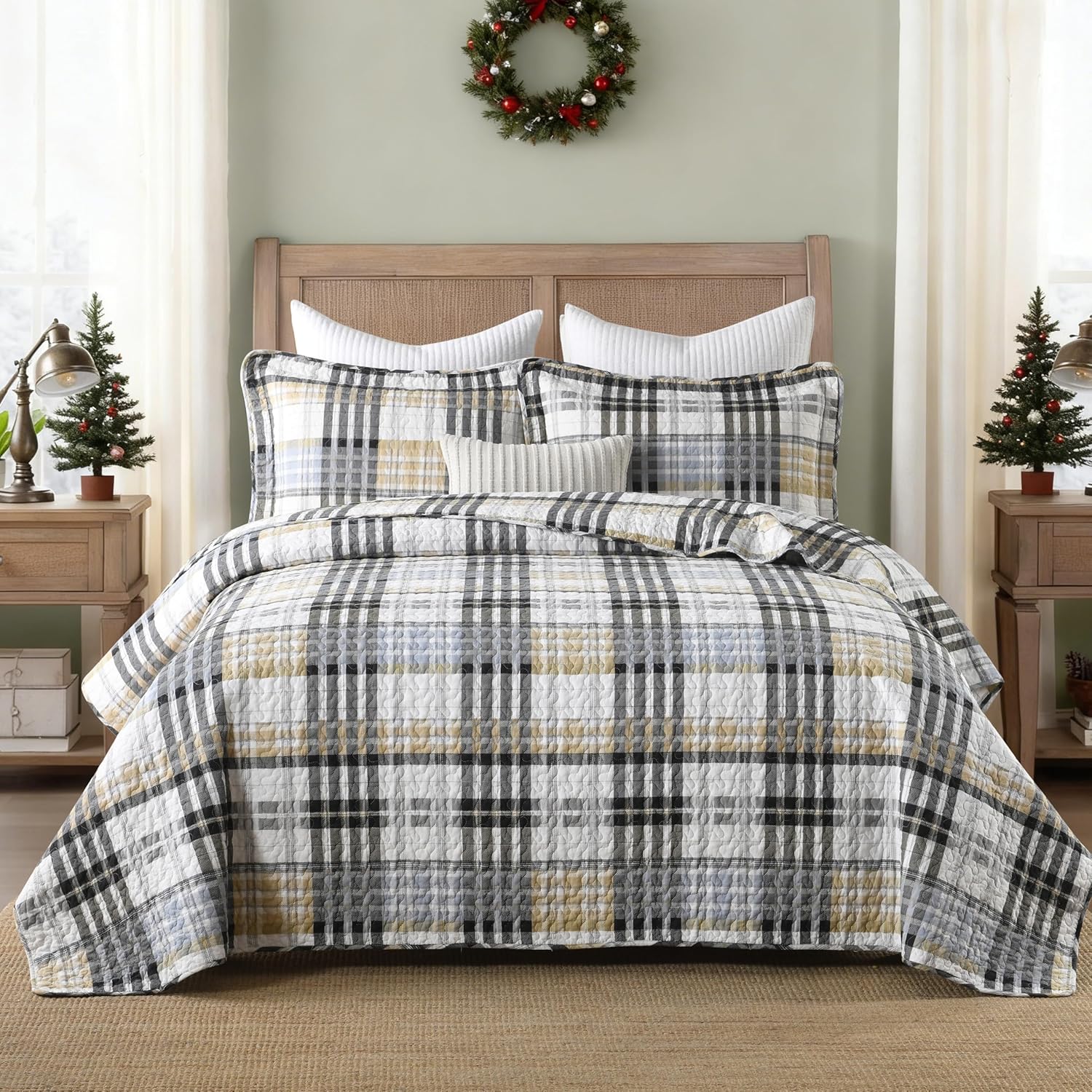 Quilts Queen Size, Cotton Queen Size Comforter Set, Brown Black Grey White Striped Bedding Sets, Plaid Queen Bedspread,Striped Bed Set Lightweight Reversible All Season 3 Piece - Image 8
