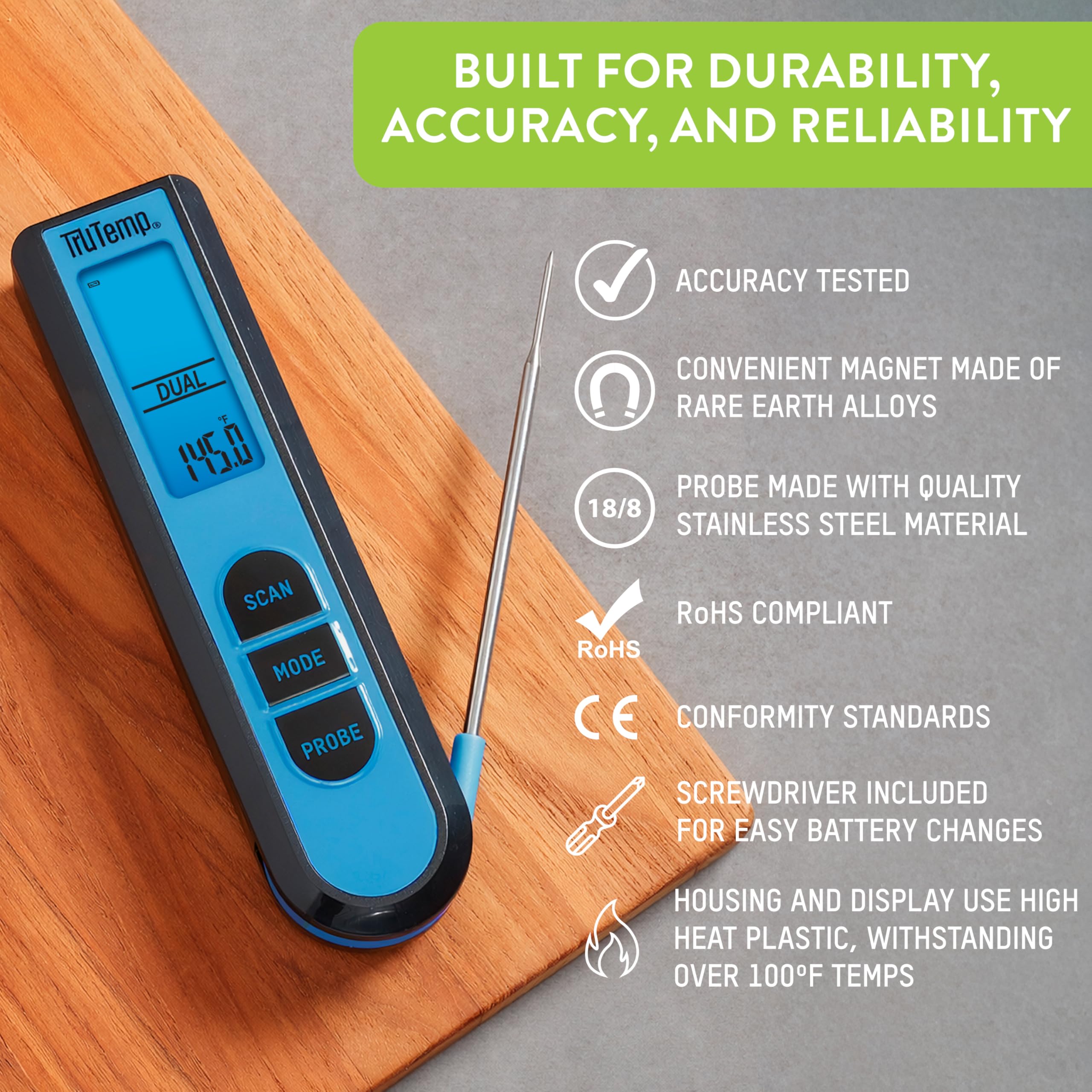 Taylor TruTemp - Termómetro infrarrojo dual de lectura instantánea para carne y alimentos, digital para cocinar, diseño IPX5 a prueba de salpicaduras, además de sonda de carne para barbacoa, cocina