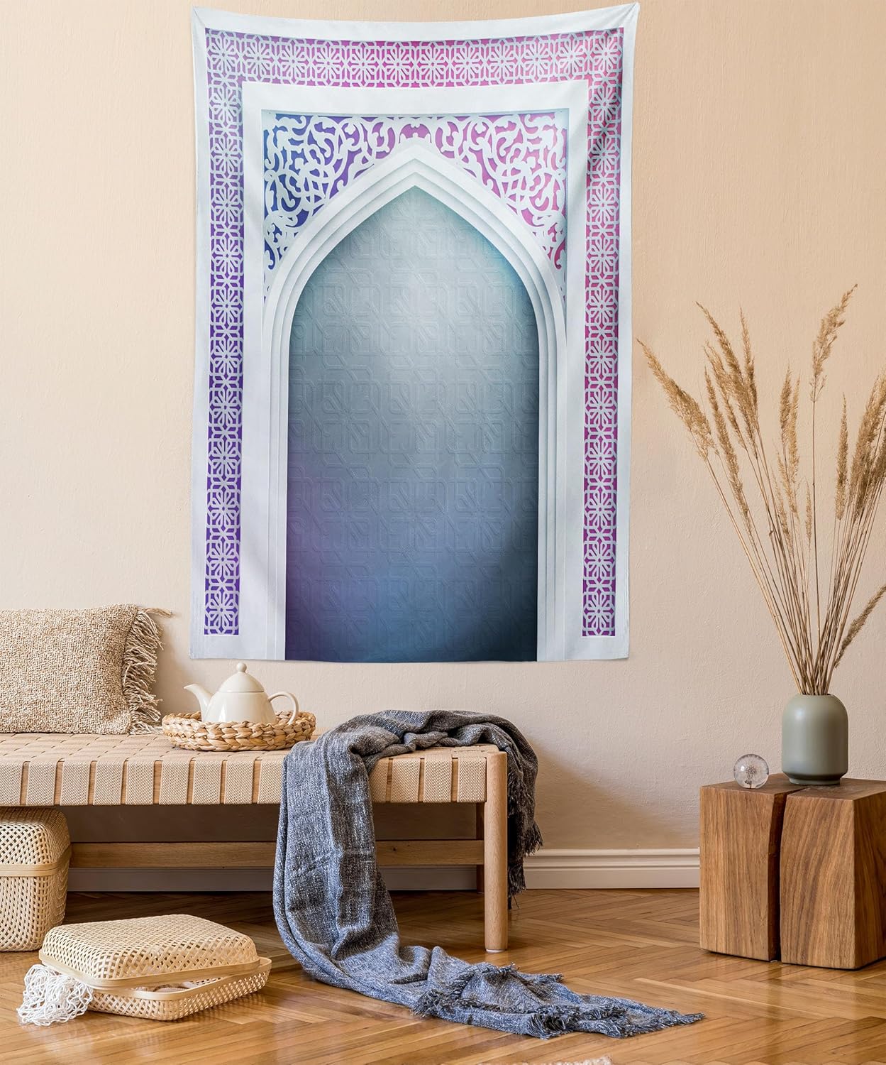 Ambesonne Moroccan Tapestry, Old Fashion Ottoman Arch Door Surrounded by Digital Featured Geometry Motif, Wall Hanging for Bedroom Living Room Dorm Decor, 60" X 80", Mauve Grey