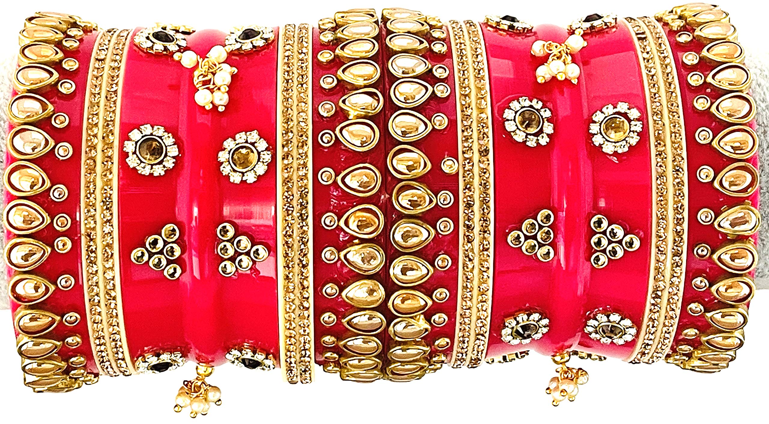 THE OPAL FACTORY TOF Bridal Jewellery Bangles Set Gold Plated Punjabi Chuda Set for Wedding with Kundan Minakari and Stone work for Women and Girls (Red, 2.40)