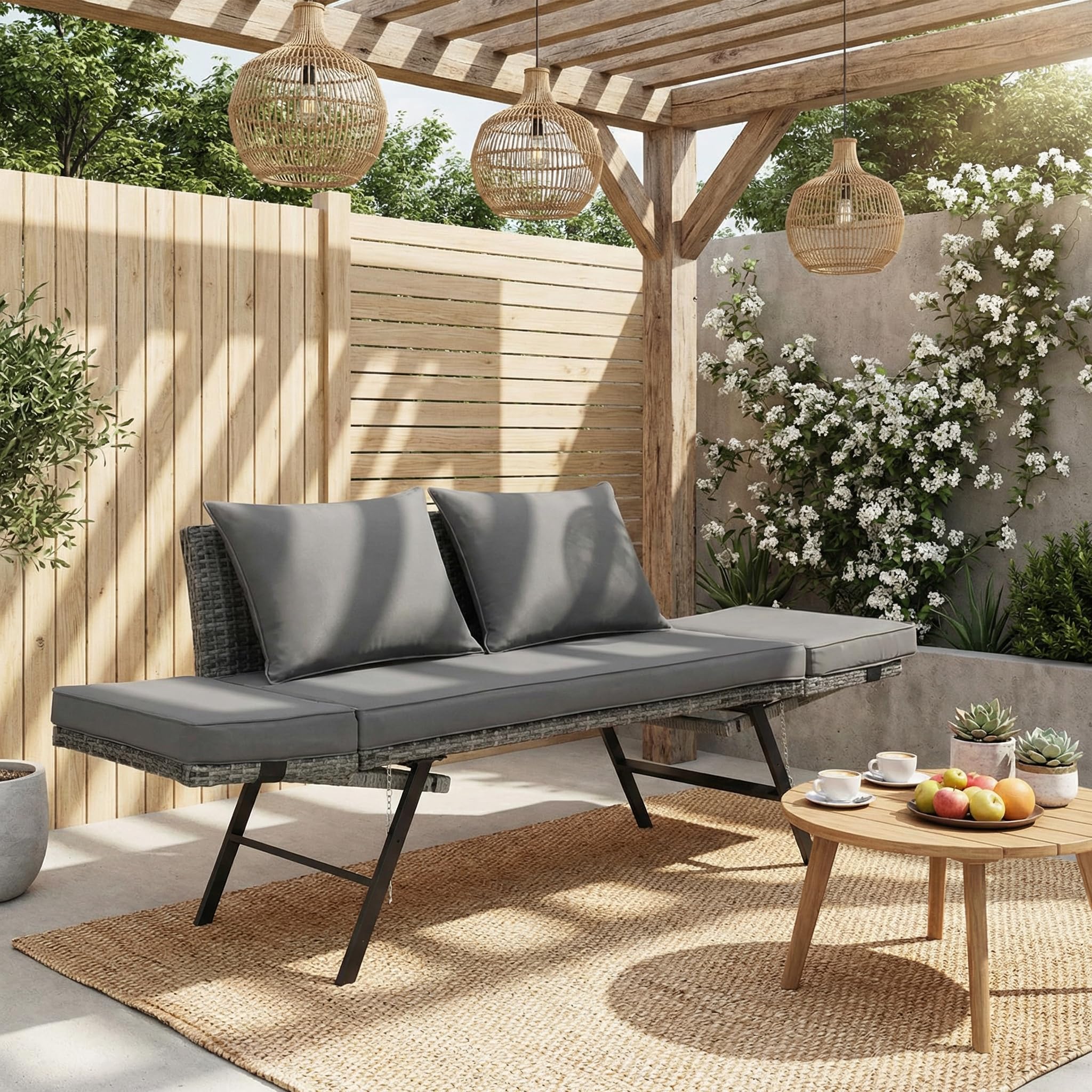 LIFERUN Rattan-Gartenbank Für Garten, Terrasse,Balkon,Poolbereich,Innenhof, Polyrattan,Loungesofa,Gartensofa,2-Sitzer,Verstellbare Armlehnen,Outdoor Sofa,Graues Rattan
