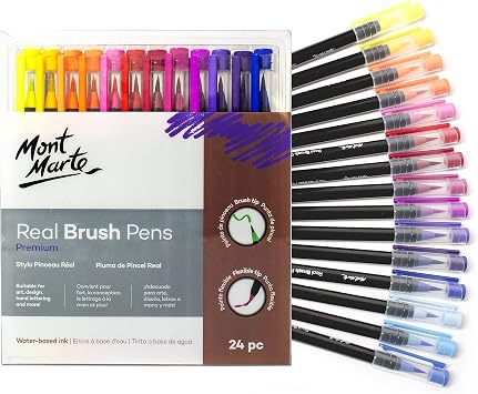 Mont Marte Premium Watercolor Real Brush Pens, 24pc Artist Coloring Set, Super Flexible Brush Tip, Perfect for Creating a Range of Strokes, Ideal for Art, Design, Lettering and Coloring