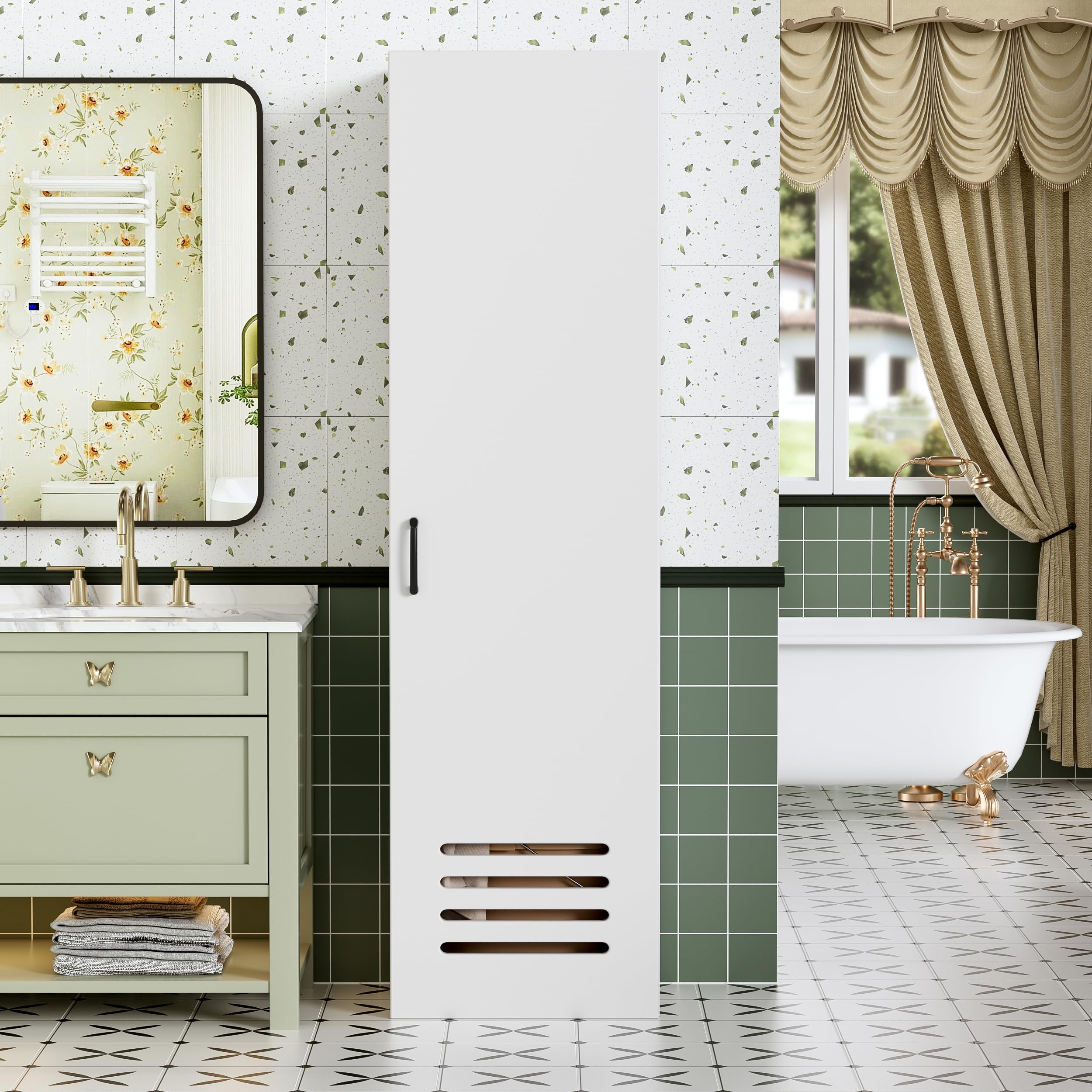 Armadietto per Scopa e Paletta,Armadio Multiuso per Scope, Pratico Armadio per Aspirapolvere con Ripiani e Asta, Ventilazione,Armadietto per la Pulizia in Legno,Mobile Porta Scope,160*40*30cm,Bianco