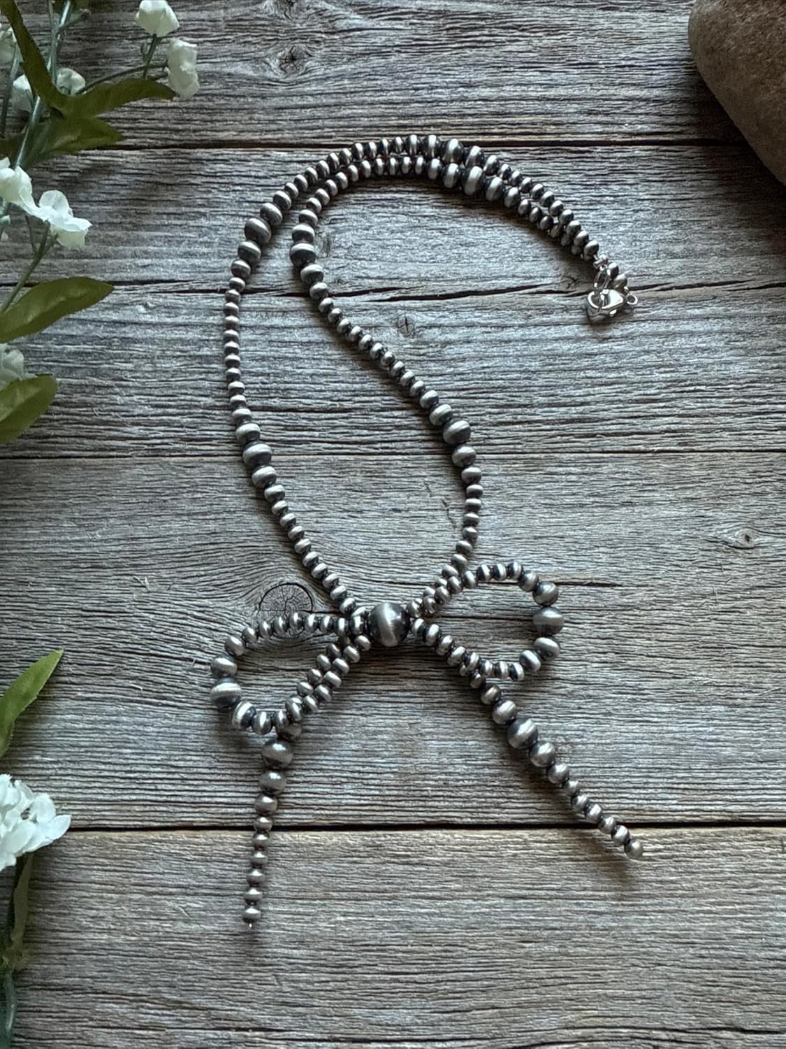 Bow Sterling Silver Multi Graduated Pearls Bead Necklace. 18 Inch. Gift “Navajo Style”