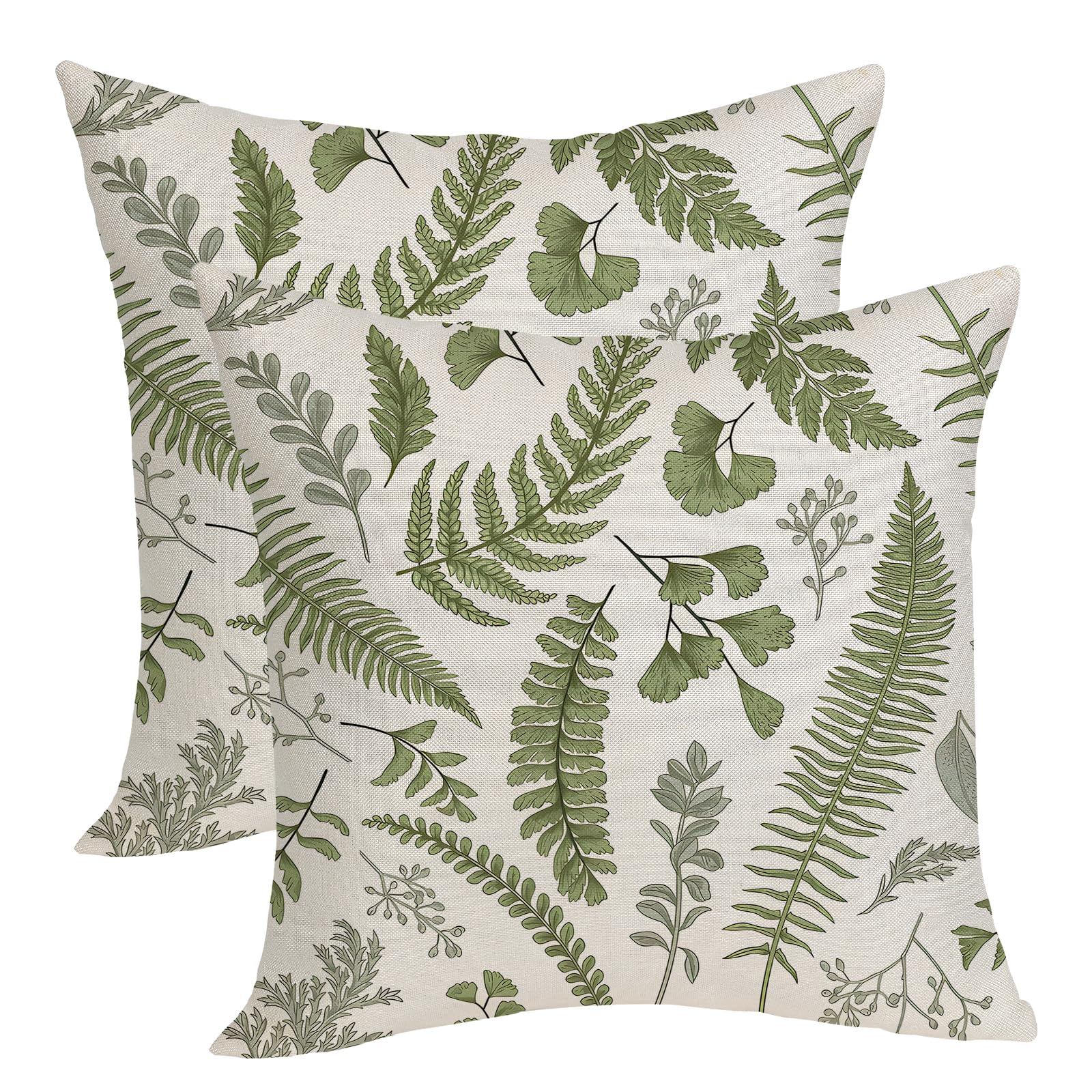 Sage Green Pillow Covers 18x18 Set of 2 Spring Summer Herbs Botanical Leaves Throw Pillow Covers Outdoor Decor Green Tropical Leaf Plants Decorative