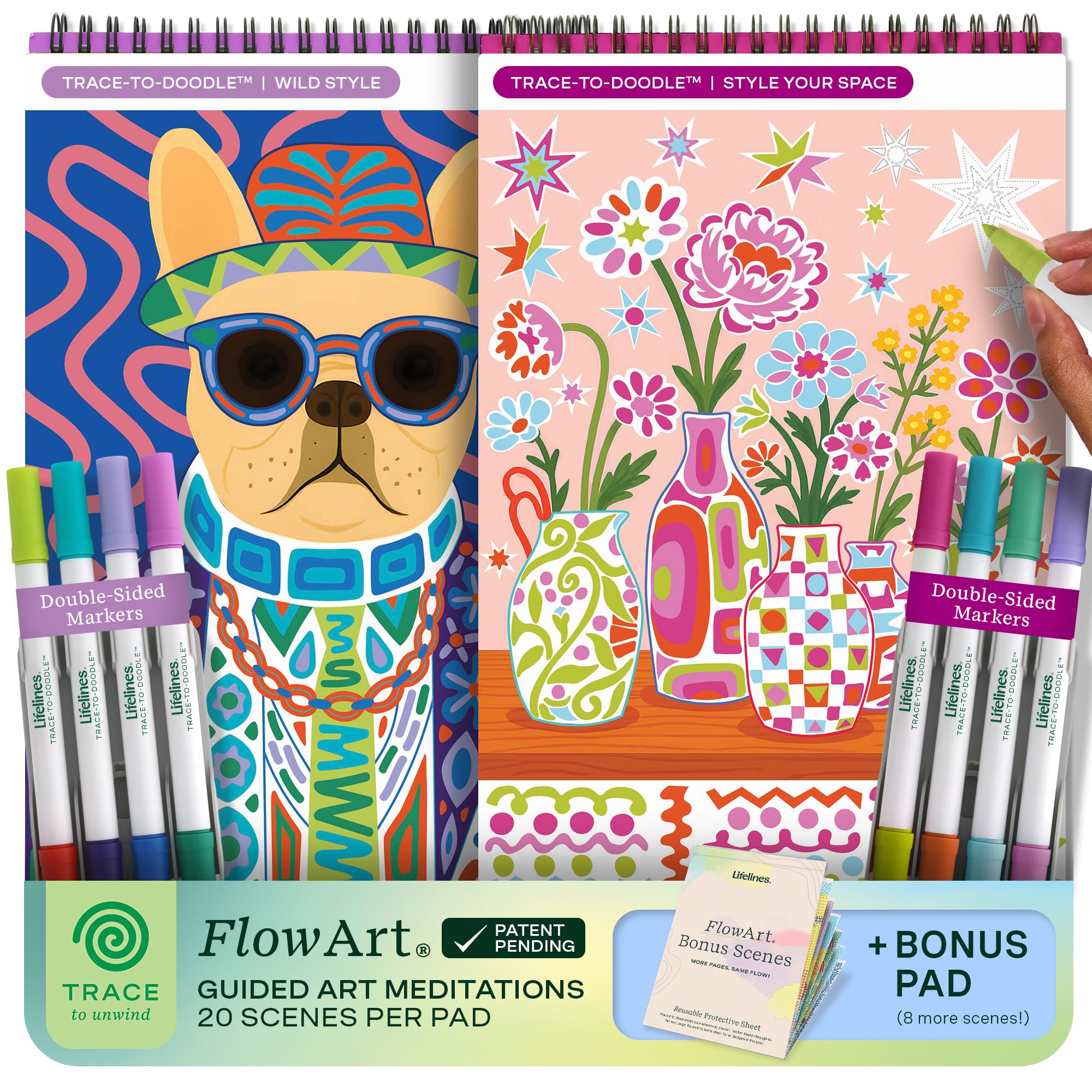 Lifelines FlowArt Activity Pads, 2-Pack & Bonus Pad - Guided Tracing Art Meditations with Markers - 8 Double-Sided Markers & 48 Scenes - Trace-to-Doodle Coloring Books for Tweens, Adults & Seniors