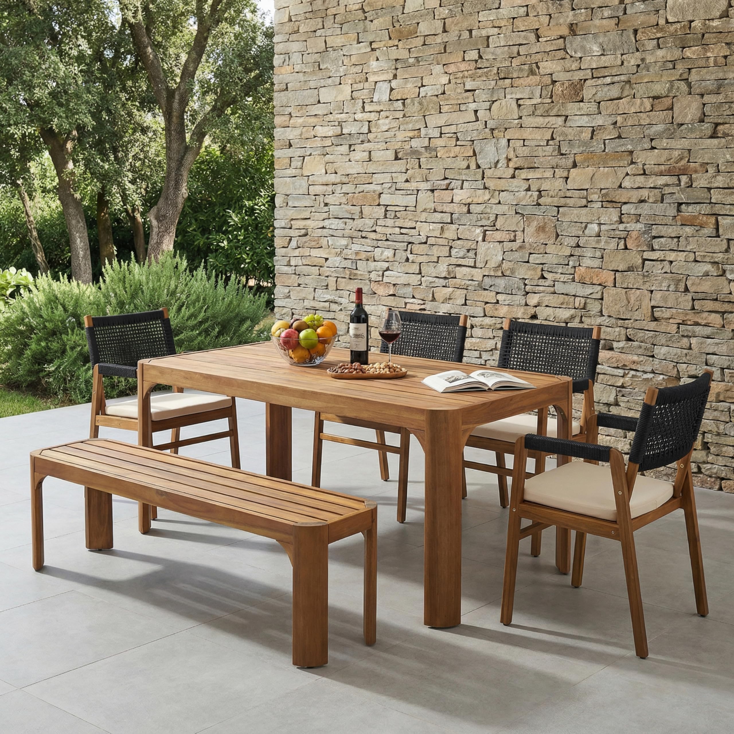 Christopher Knight Home 6-Piece Outdoor Acacia Wood Patio Dining Set, 70" Rectangular Table with 4 Rope Armchairs 1 Bench, Teak Finish Vietnamese