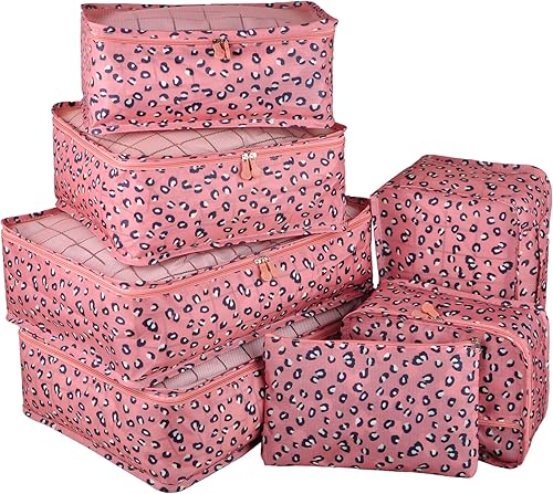Vercord Juego de 7 organizadores de viaje de malla para equipaje cubos con sujetador y ropa interior y bolsa para zapatos - Leopardo rosa
