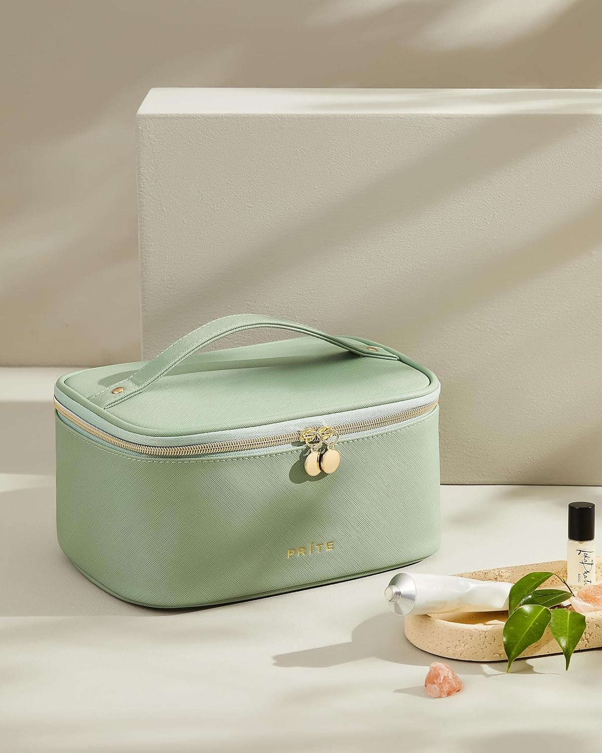 Prite Makeup Bag, Large Capacity Portable Travel Cosmetic Bag, Waterproof Makeup Organizer for Women with Handle and Divider (001 Green) - Image 2