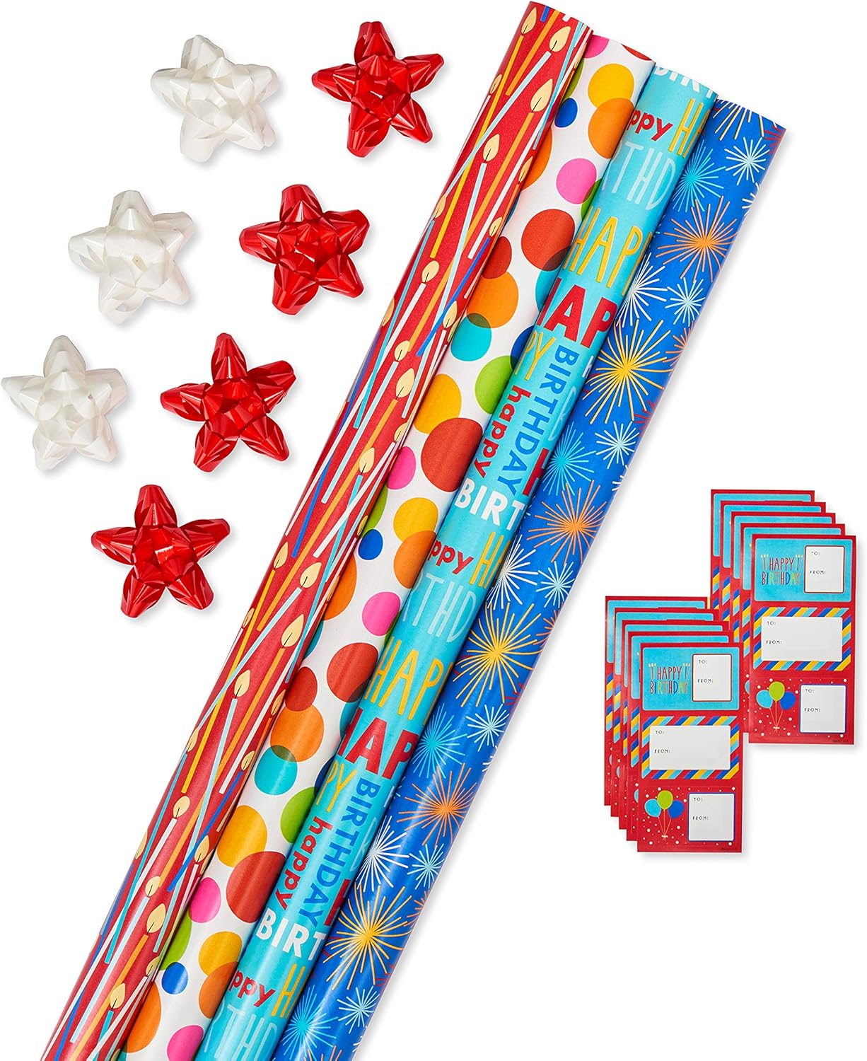American Greetings Birthday Wrapping Paper Kit with Cut Lines, Bows and Gift Tags, Balloons, Candles, and Fireworks (7 Bows, 30 Gift Tags, 4 Rolls, 120 sq. ft)