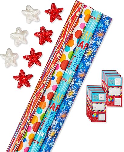American Greetings - Kit de papel de regalo de cumpleaños con líneas de corte, lazos y etiquetas de regalo, globos, velas y fuegos artificiales (7