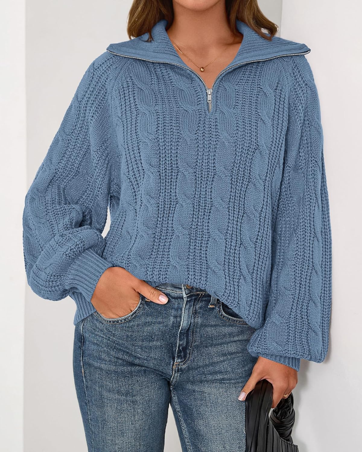 BTFBM Sweaters for Women Fall Fashion 2025 Loose Quarter Zip Pullover Collared Long Sleeve Cable Knit Winter Clothes - Image 5