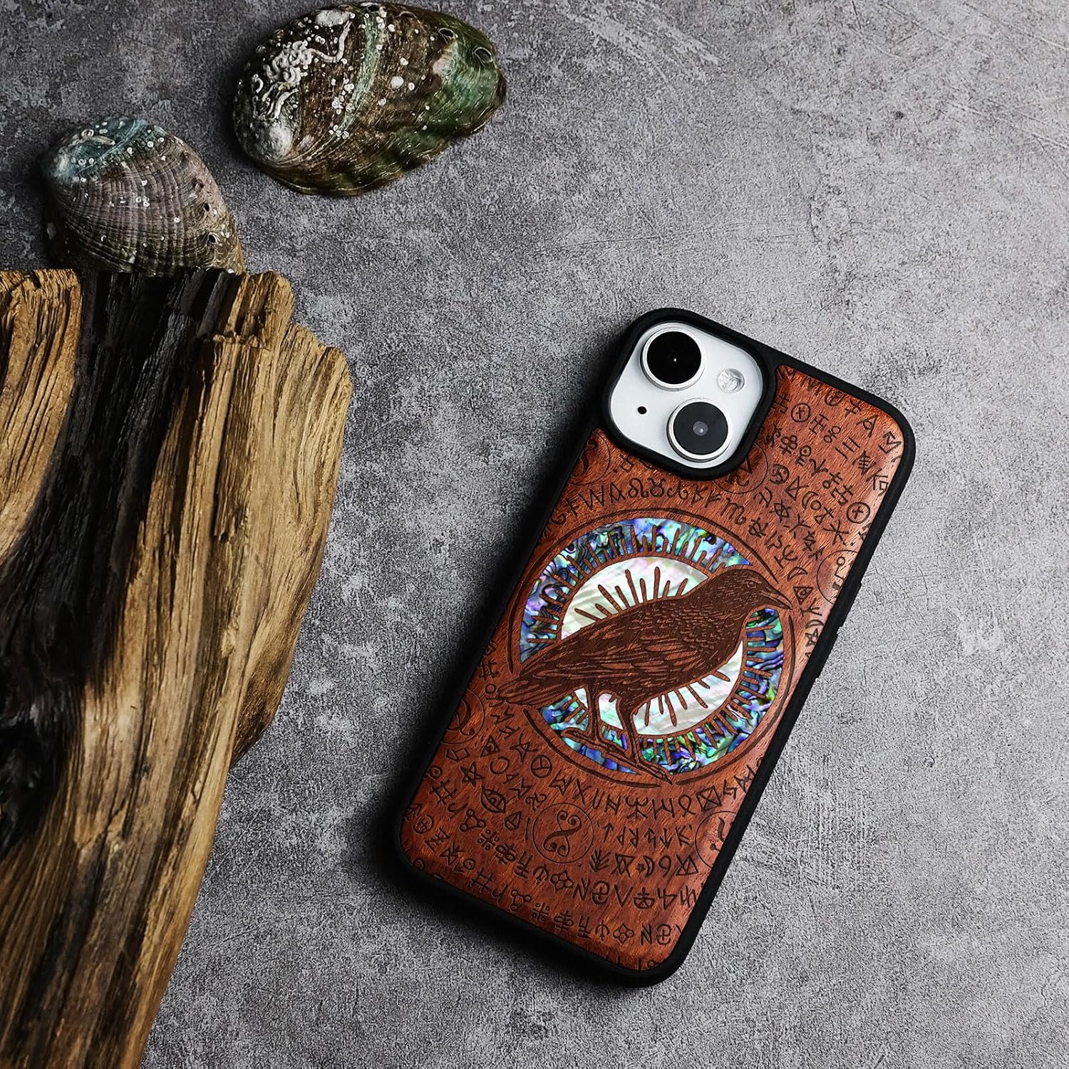 Carveit Wooden Case for iPhone 15 Magnetic Case, Compatible with MagSafe Wireless Chargers, Shockproof Cover, Handmade Shell Inlaid & Wood Artisan Engraved (Haloed Crow) Rosy