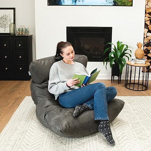 Miniatura 152 de Big Joe Roma - Puf para niños, sherpa de avena y rosa del desierto, gamuza vegana, 2 pies, ligero, recargable, asiento para niños Avena/Rosa del