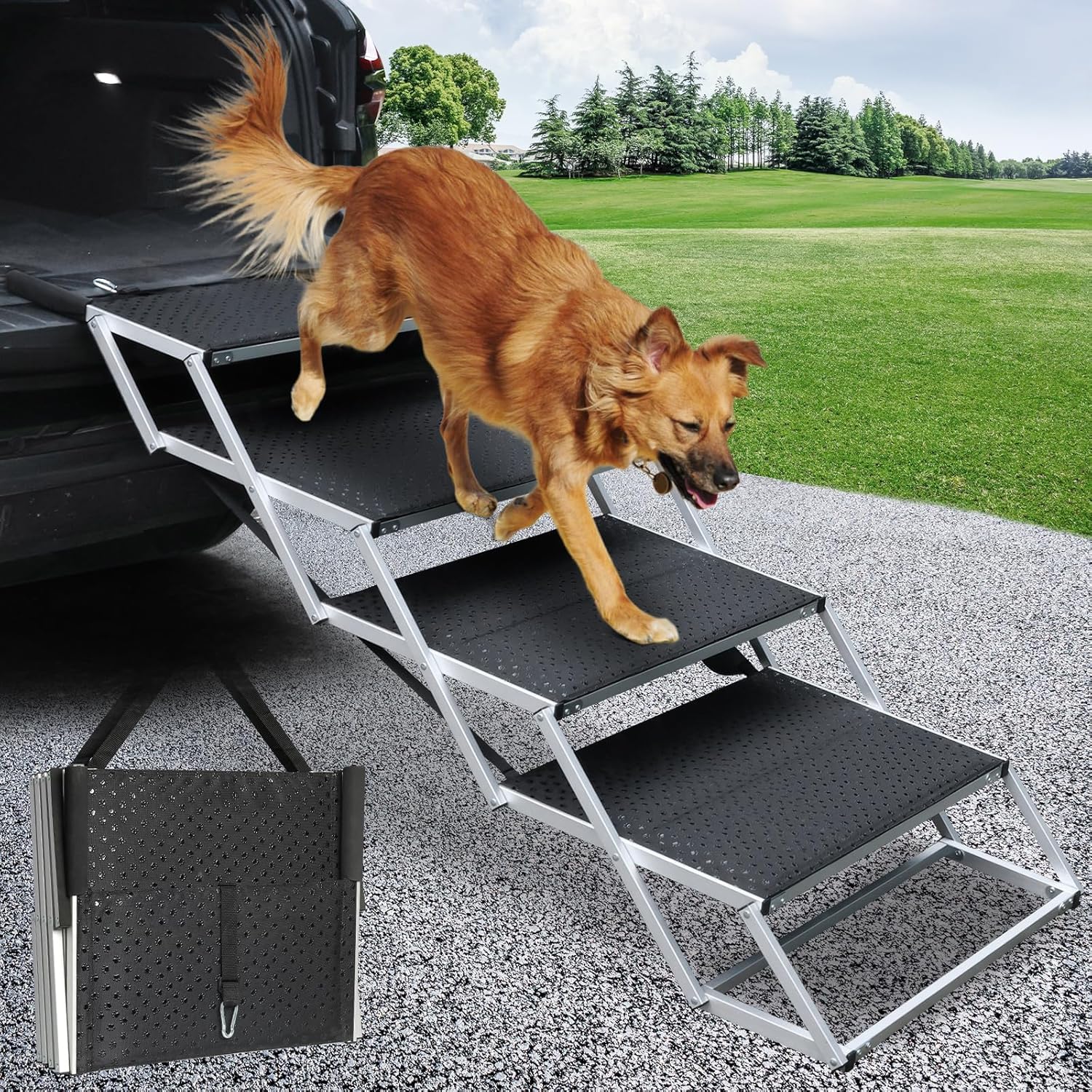 SDLDEER 4 Steps Dog Steps for Car, Folding Dog Stairs for Large Dogs, Extra Wide Nonslip Surface Aluminum Portable Dog Ramp for Cars, SUV, Trucks, Supports up to 113KG