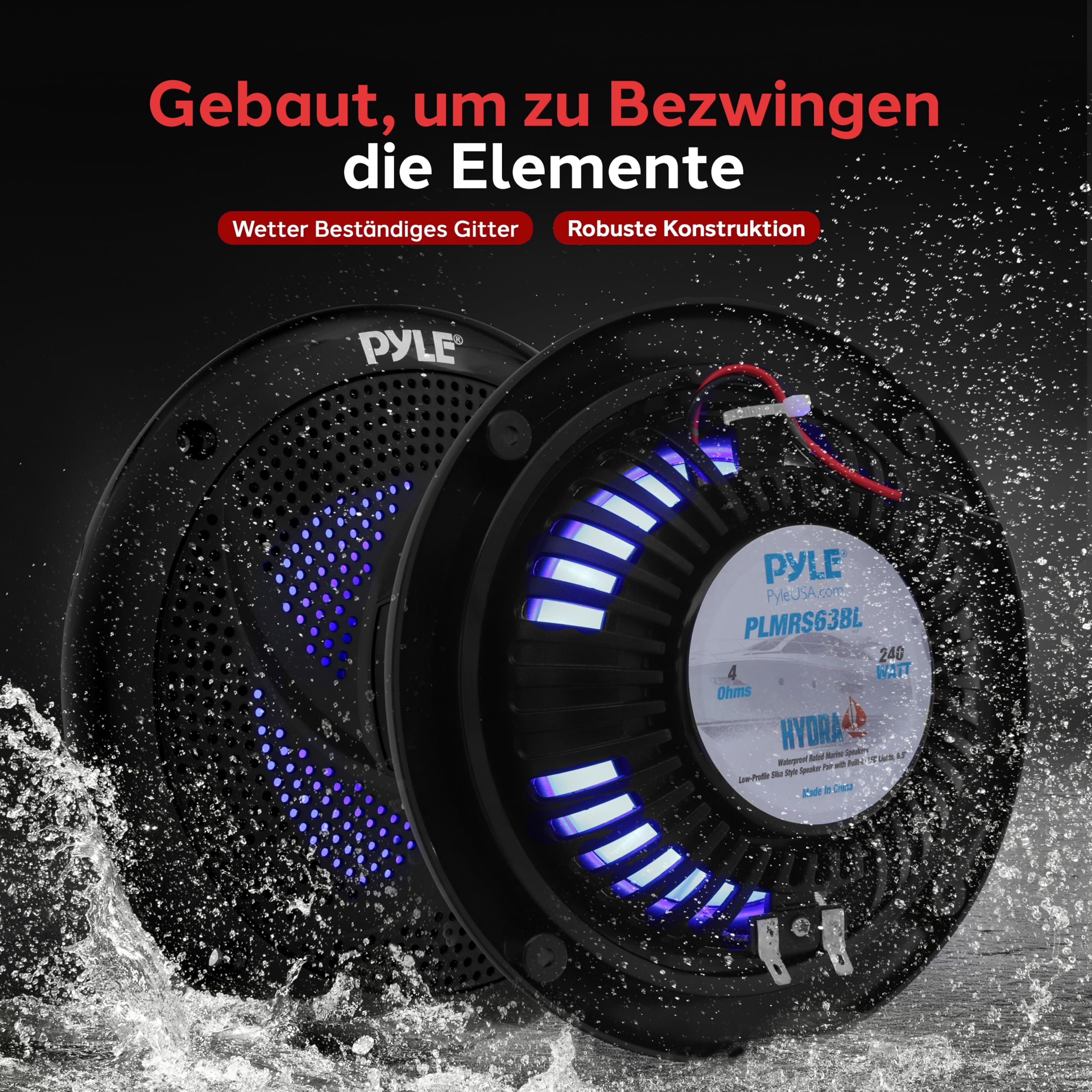 Pyle Outdoor Lautsprecher Box – wasserdichte 2-Wege Lautsprecher Passiv für Boot, Auto, Pool & Terrasse, Aufbaulautsprecher – 16cm Schwarz mit LED