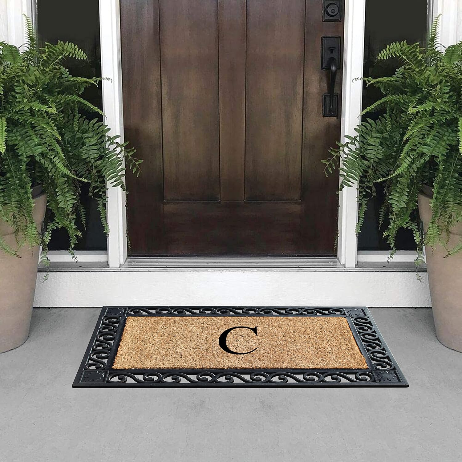 A1HC Natural Coir Monogrammed Door Mat for Front Door, 23x38, Anti-Shed Treated Durable for Outside Entrance, Heavy Duty, Thin Profile Mat, Easy to Clean, Long Lasting Entrymat - Black Beige