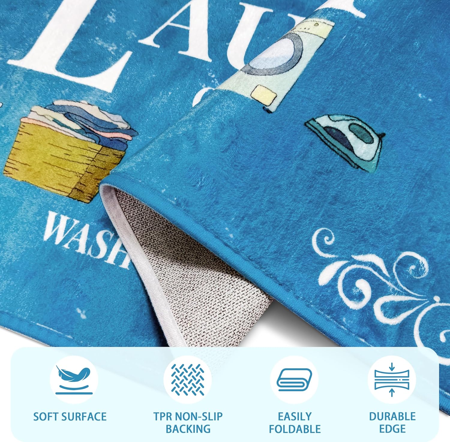 Washable Laundry Room Rug, 20"X59" Non Slip Laundry Mat Runner Soft Low-Pile Laundry Room Organization Farmhouse Decor Area Rug for Entryway Hallway Kitchen Bathroom Blue