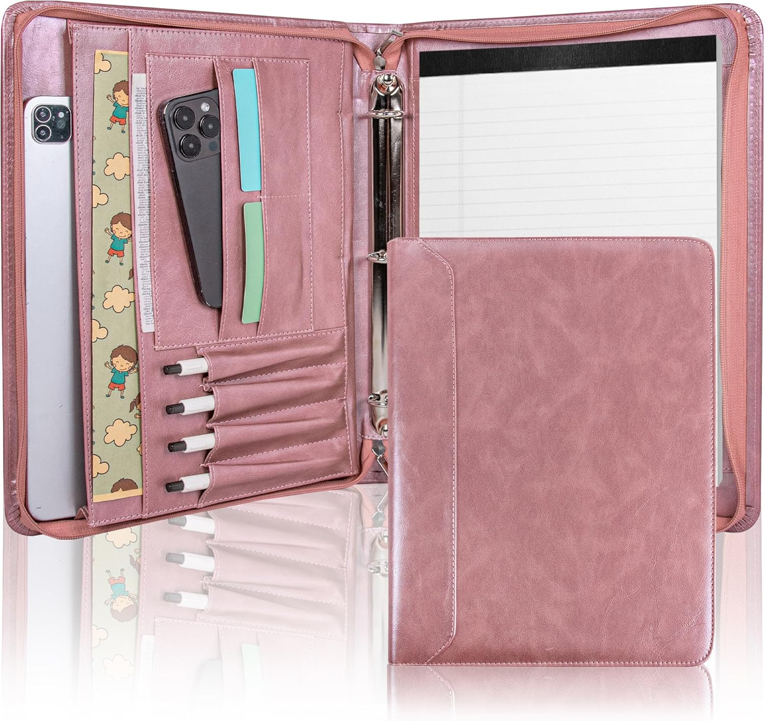 Planner Binder,Padfolio for Women,Leather Binder 3 Ring, A4 Binder Planner with Laptop Pocket,Legal Size Portfolio Organizer,Business Portfolio for Women,Rose Gold