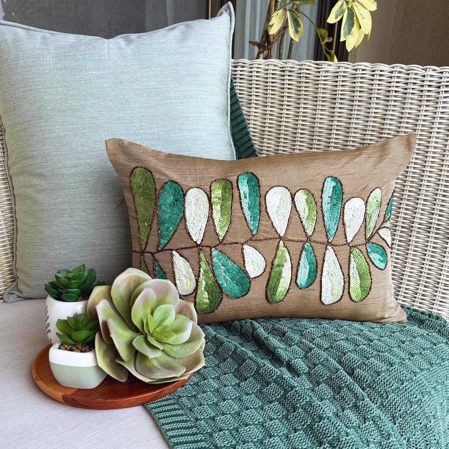 The HomeCentric Brown Lumbar Pillow Cover, Sequins Leaves Lumbar Pillow Cover, 12x16 inch (30x40 cm) Lumbar Pillow Cover, Rectangle Silk Lumbar Pillow Cover, Floral Art Deco - Days of Leaves