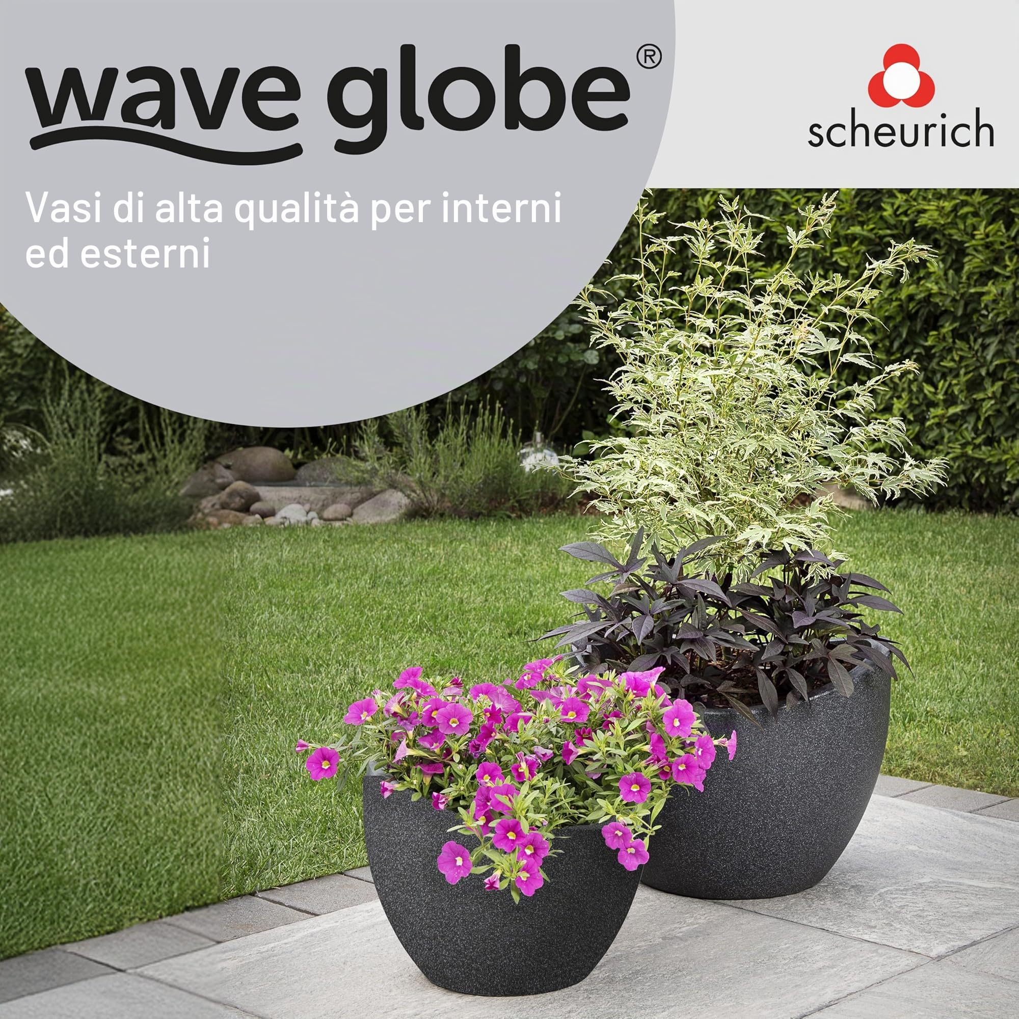 Scheurich - Wave Globe, Portavaso in plastica, effetto granito, colore: Grigio scuro (Schwarz-Granit), Ø 60 cm, altezza: 45 cm