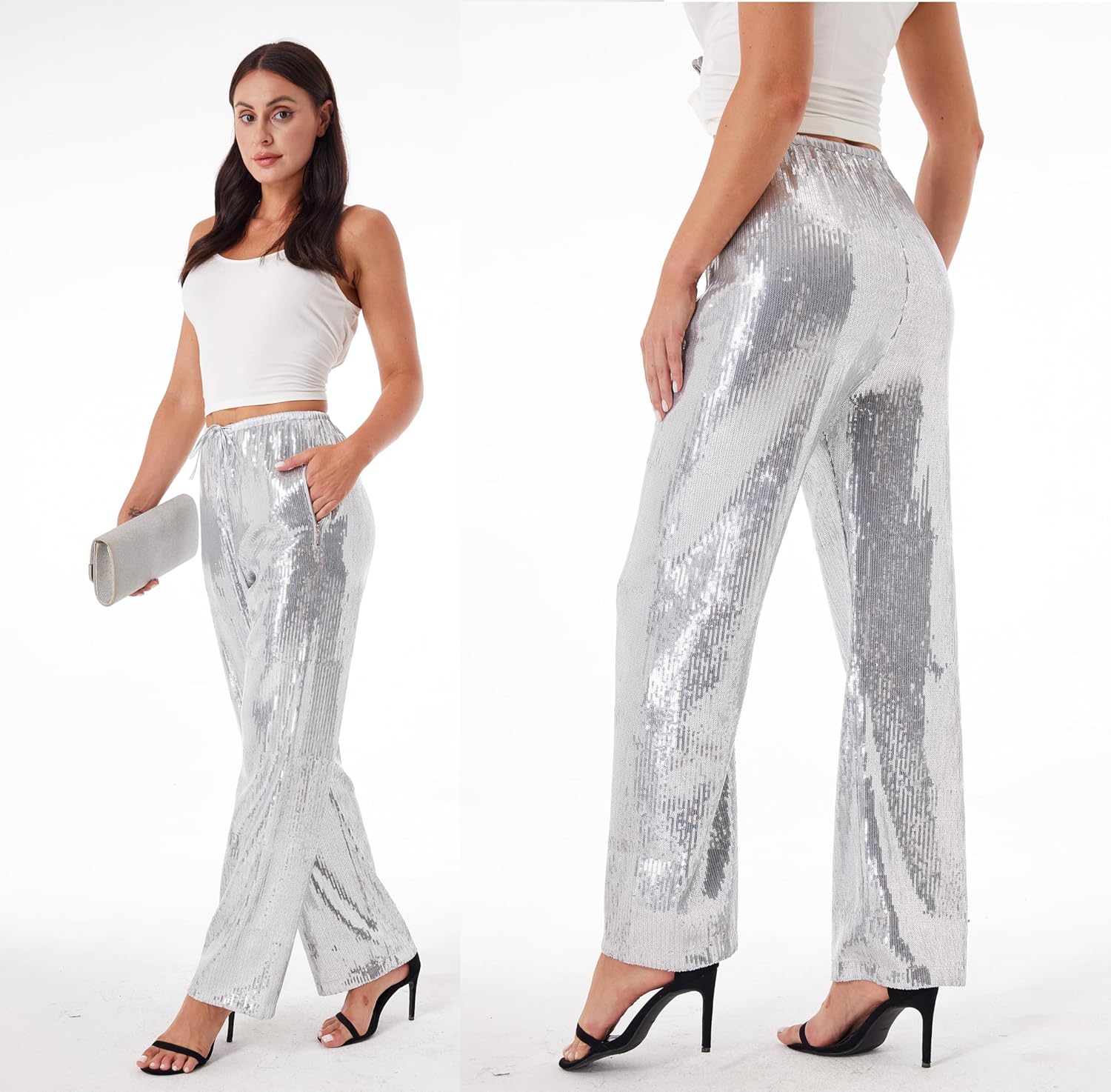 Women's Sequin Pants Shiny Sparkly Party Club Night Out Metallic Casual Wide Leg Pants Trousers - Image 2