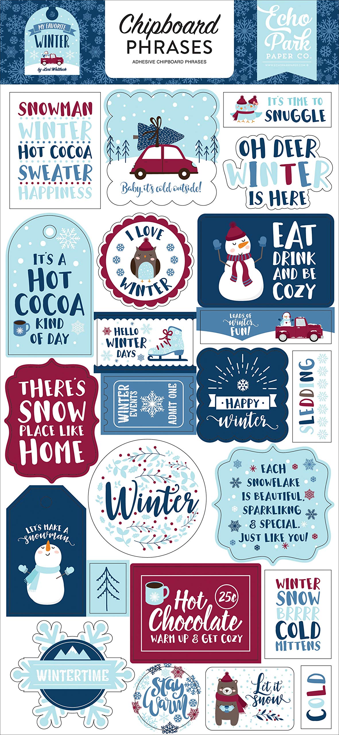Echo Park Paper Company My Favorite Winter 6x13 Phrases chipboard, red, blue, teal, tan