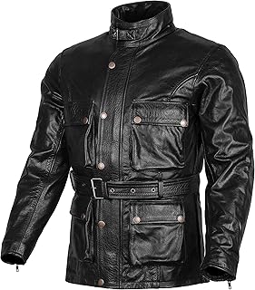 Classic Vintage Style Waxed Trail Blazer Leather Retro Motorcycle Jacket with CE1621-1 5 Piece Removable Armour - Black - 5XL