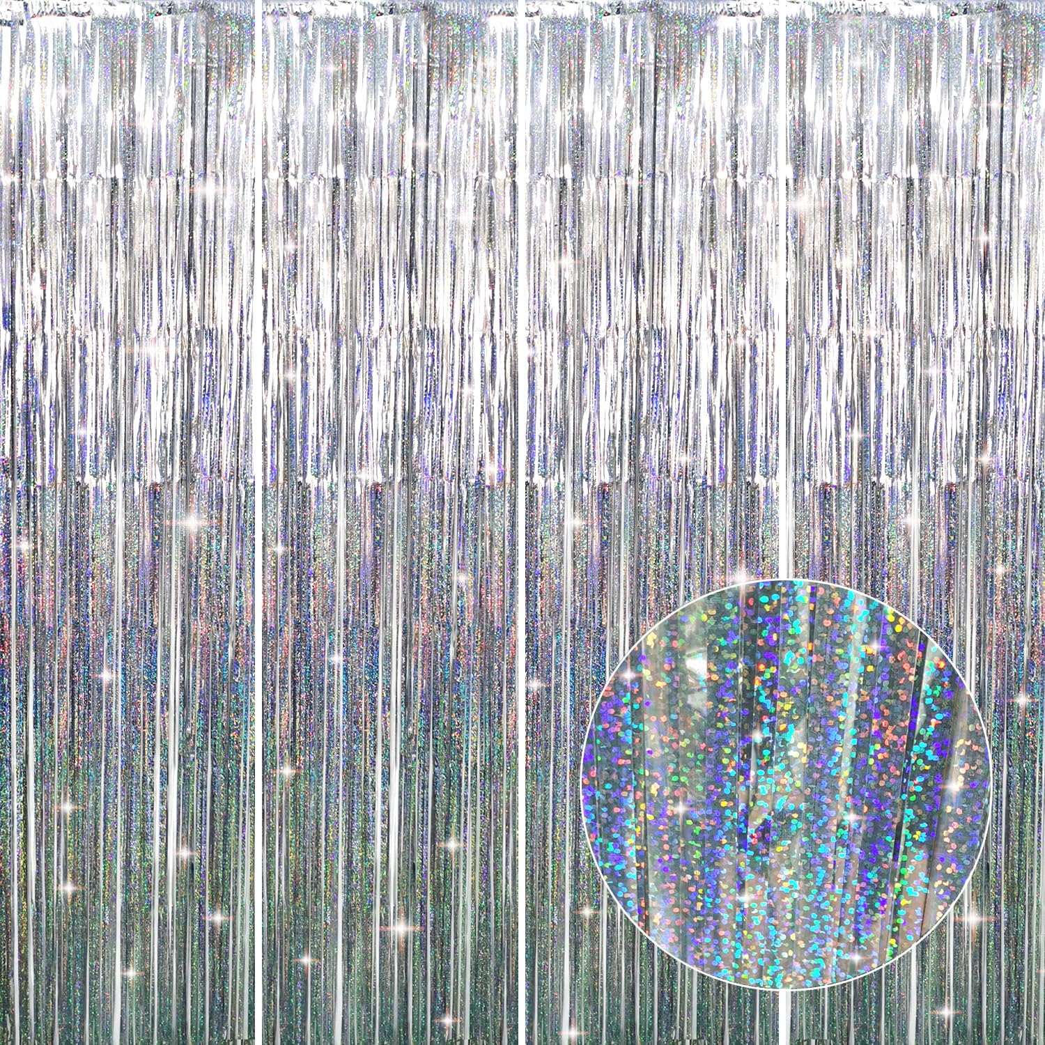 GOER 3.2 ft x 8.2 ft Metallic Tinsel Foil Fringe Curtains Party Photo Backdrop Party Streamers for Birthday,Graduation,New Year Eve Decorations Wedding Decor (4 Packs,Shiny Silver)
