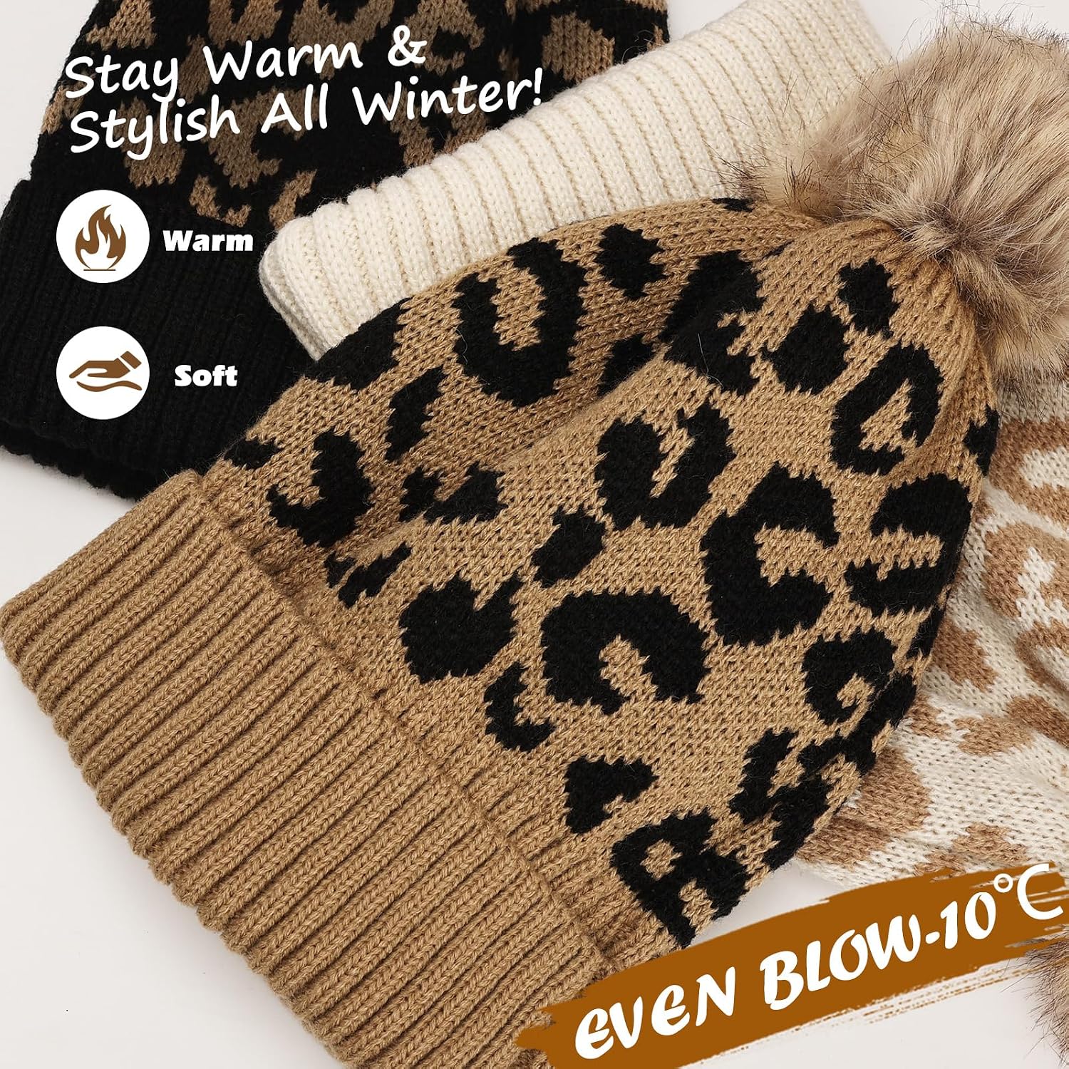 Surblue Winter Beanie for Women with Faux Fur Pom Knit Slouchy Hat Skull Cap