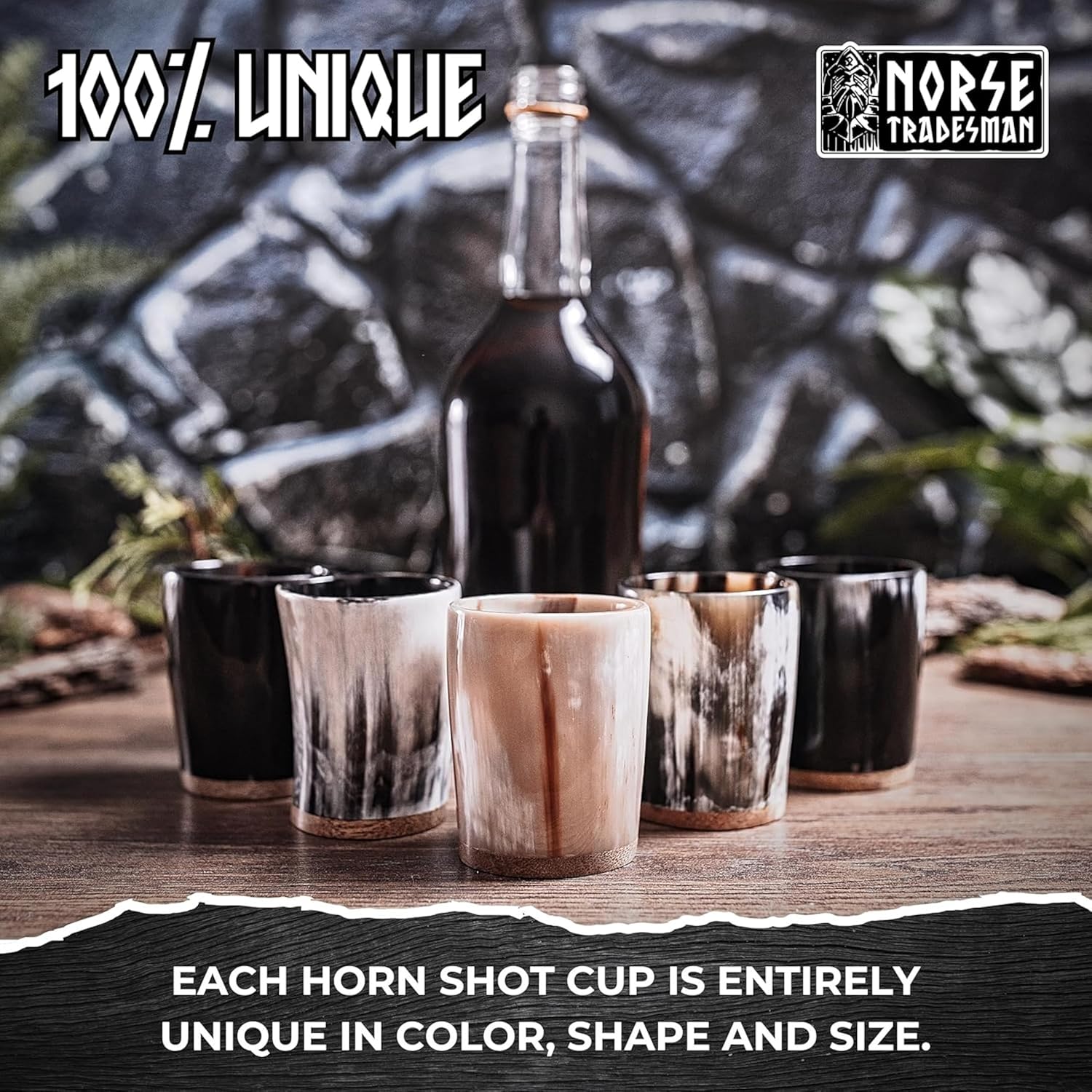 Norse Tradesman Ox-Horn Shot Glass Set (5) - 2 oz Mini-Drinking Horns for Toasting Spirits