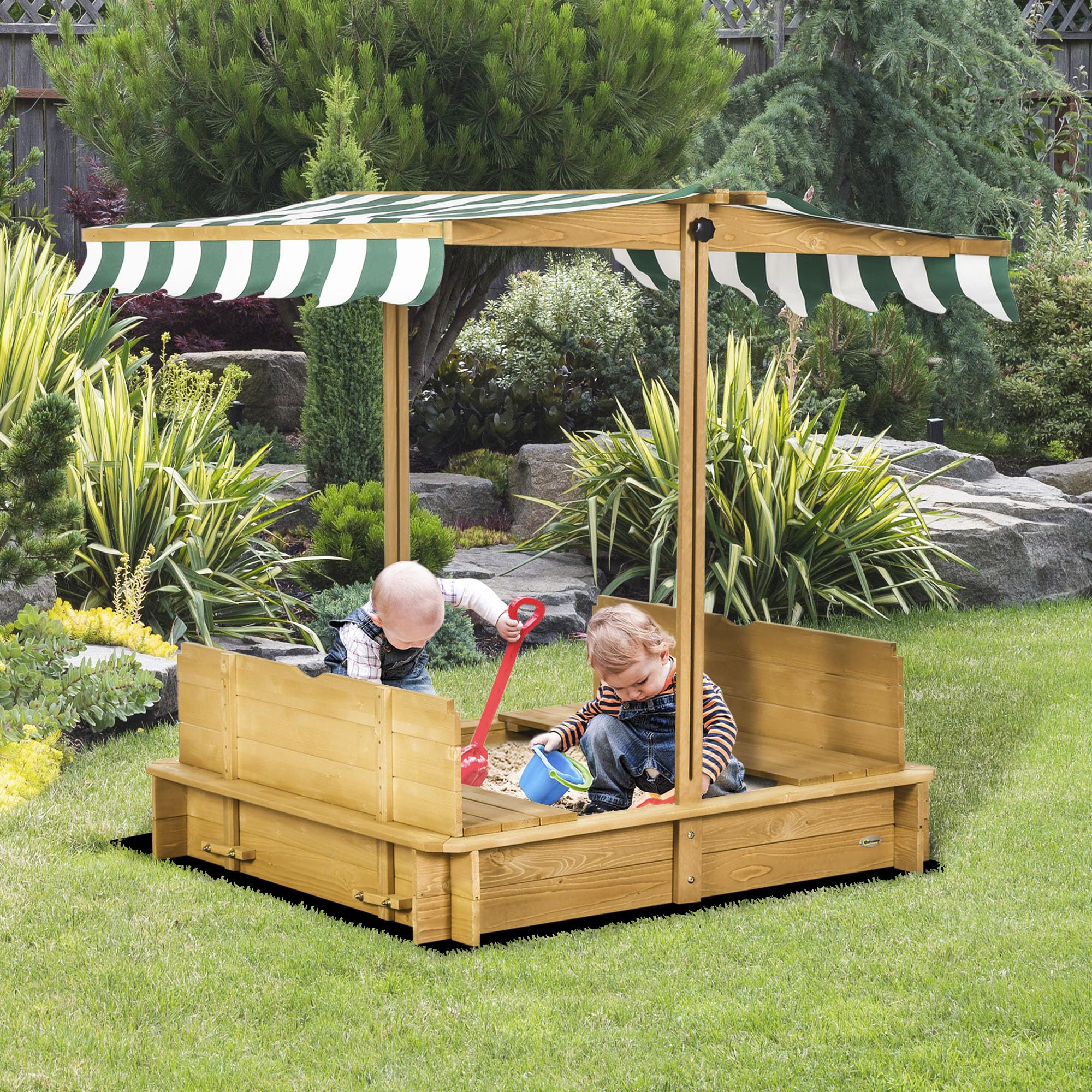 Outsunny Arenero para Niños de Madera Arenero con Toldo Ajustable Respaldos Desmontables y 2 Bancos para Jardín Patio 106x106x121 cm Natural y Rayas Verdes