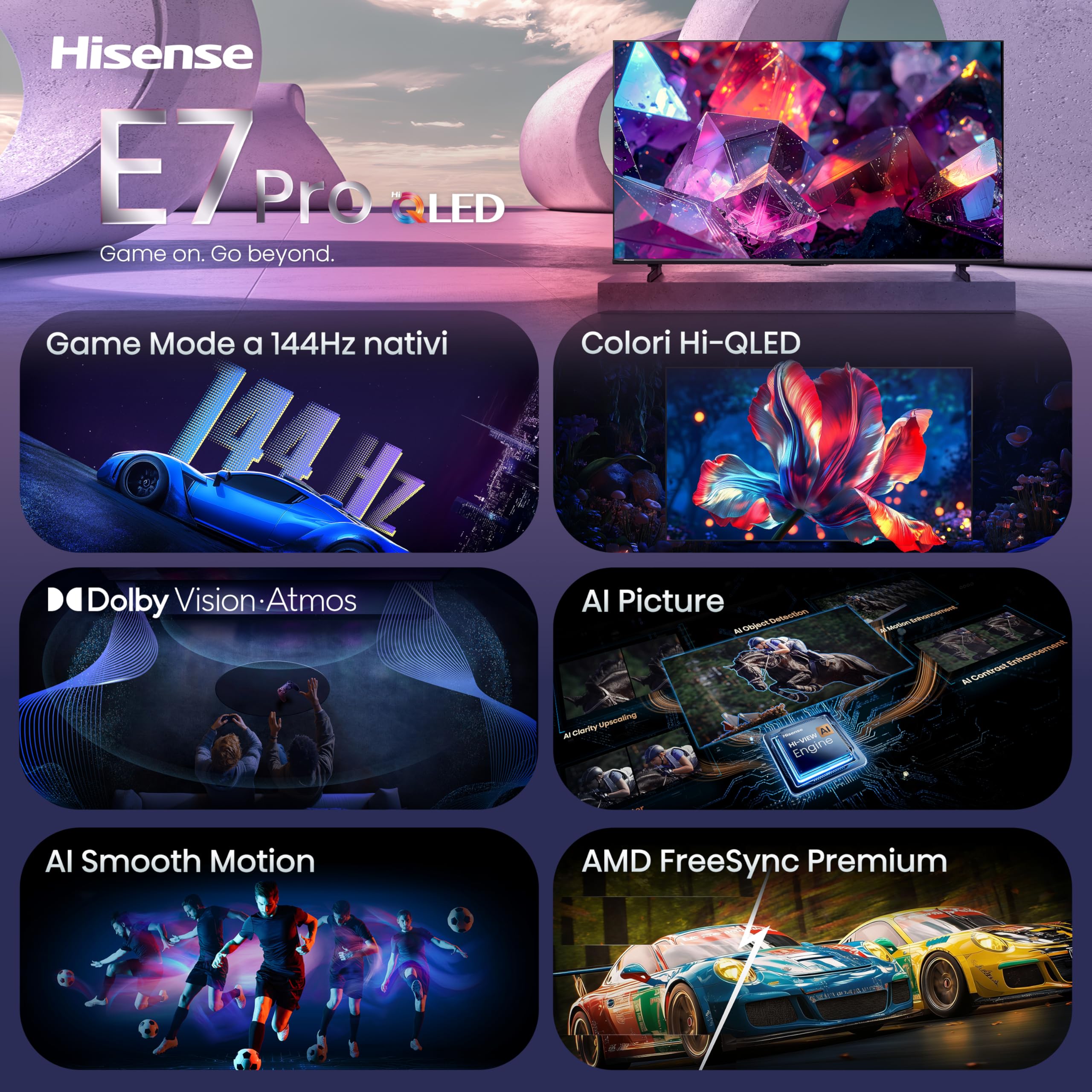 Hisense Smart TV QLED 144Hz 85" 4K 85E7S PRO, Audio Dolby Atmos, VIDAA OS con 1000+ APP, Dolby Vision IQ, HDR 10+, Native 144Hz Game Mode, AirPlay2, Alexa Built-in, lativù 4K