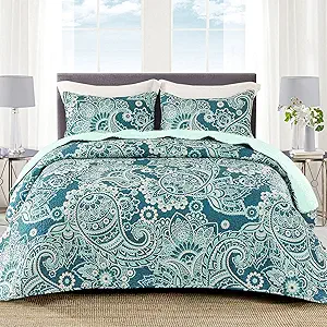 Whale Flotilla Reversible Paisley Quilts King Size, Lightweight Boho Printed Bedspreads Coverlets Quilt Bedding Set with 2 Pillow Shams for All Seasons, Turquoise