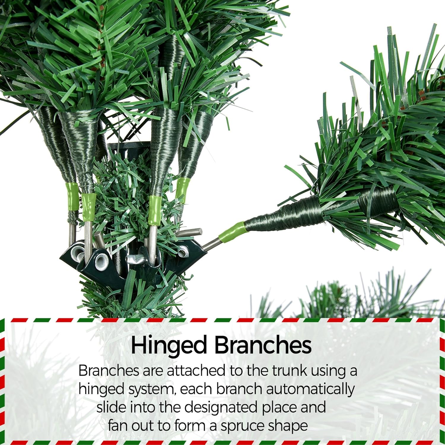 Close-up of hinged branches on the Yaheetech Christmas tree for easy assembly.