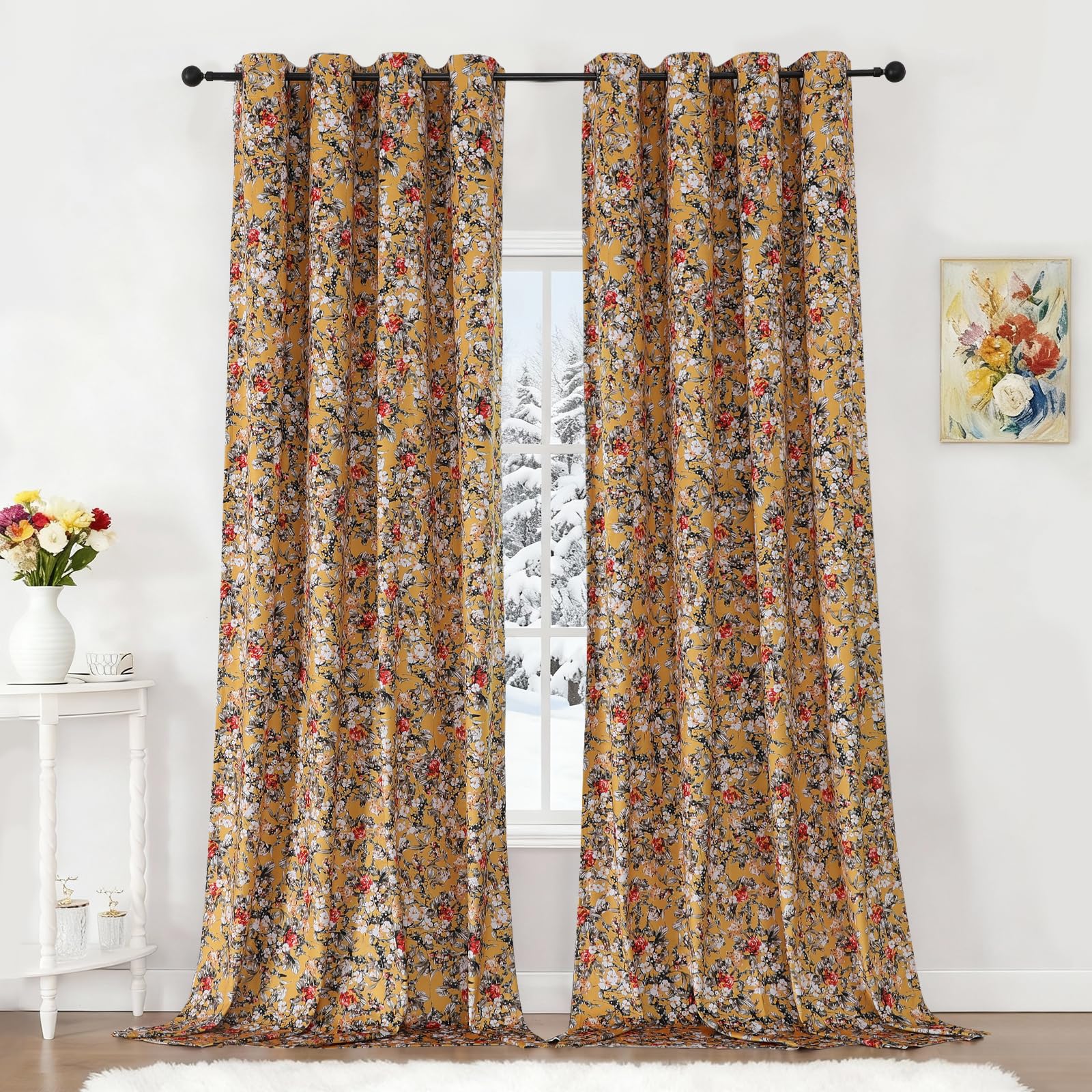 VEHEDE Yellow Velvet Printed Curtains 72 inch Long for Bedroom, Victorian Floral Drapes for Living Room Darkening Privacy Protect Thermal Insulated Blackout Eyelet Curtains 2 Panel, W52 x L72 Inch