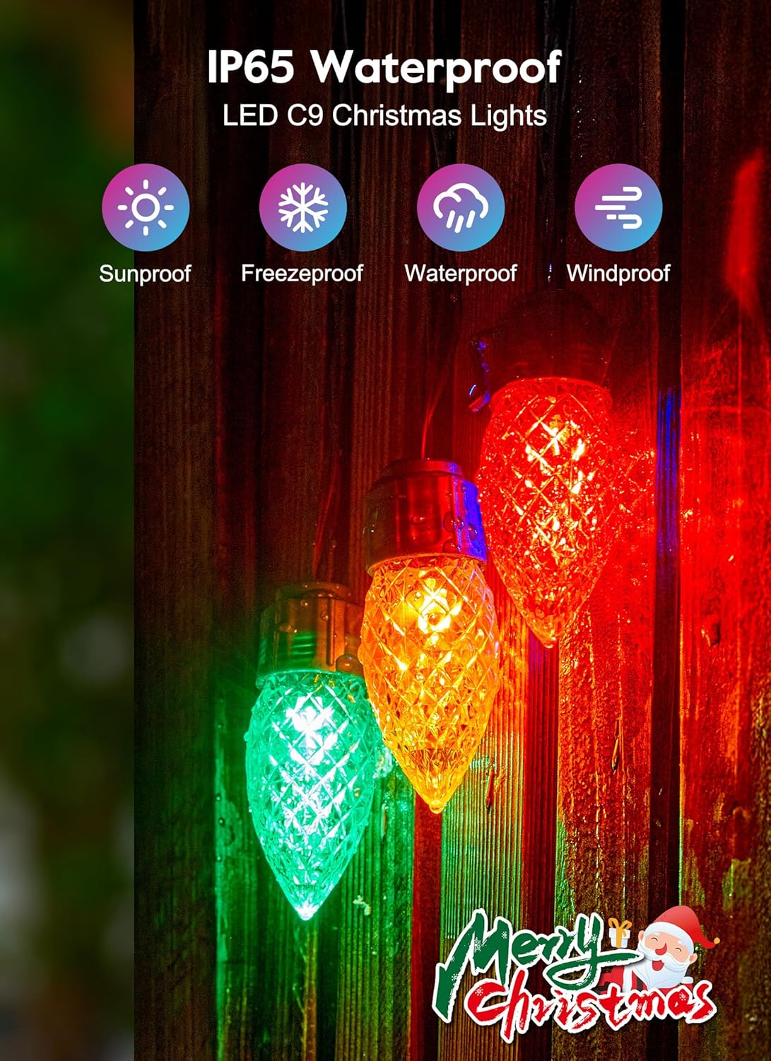 Solar Christmas Lights Outdoor, 50 LED C9 Strawberry String Lights with Timer & 8 Light Mode, Waterproof Solar Christmas Tree Lights for Outside Garden Patio Party Christmas Decoration, Multicolor