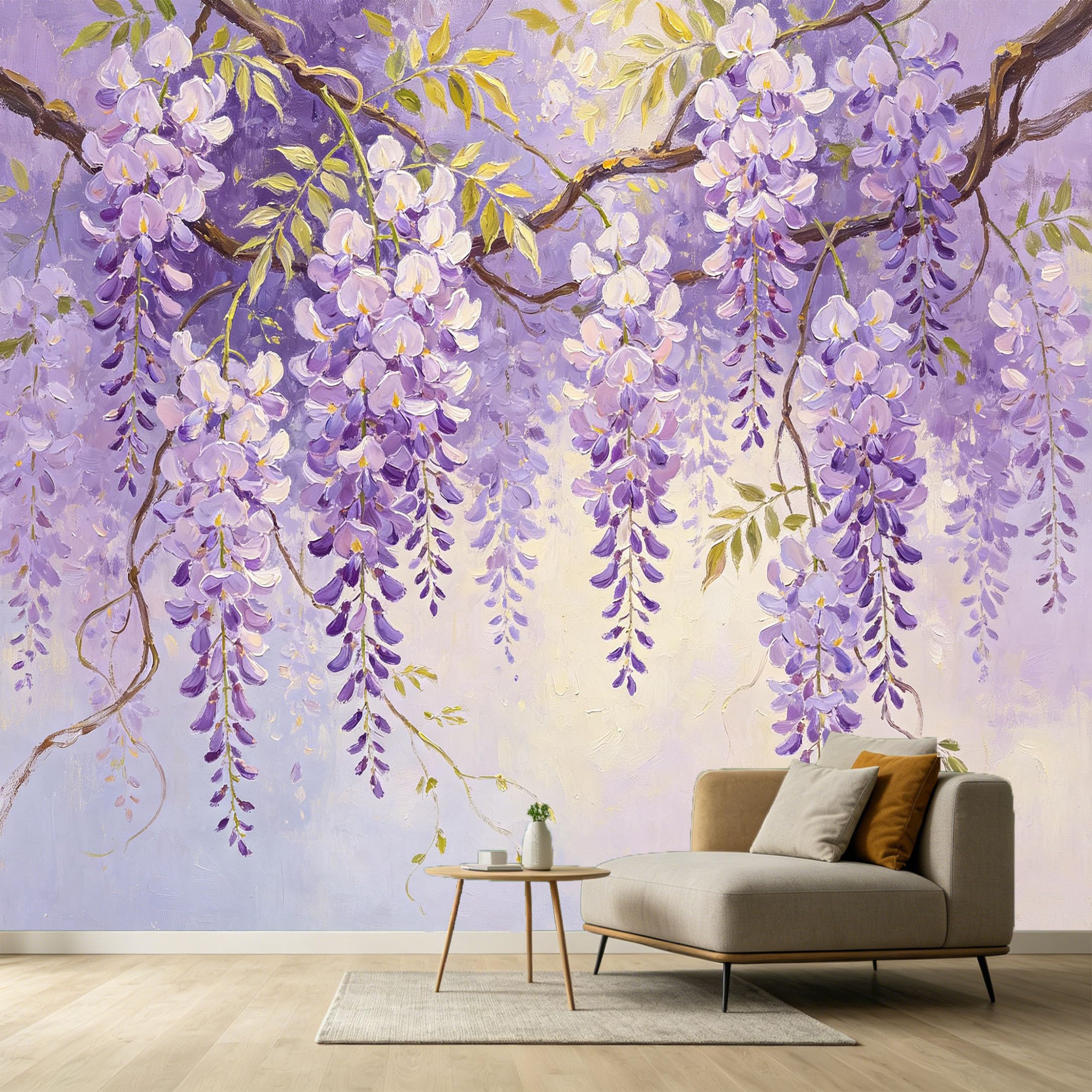 Custom Size Wall Murals Purple Wisteria Botanical Watercolor Oil Painting Floral Branches SelfAdhesive Wall Fabric Removable Large Wallpaper for Photo Living Room