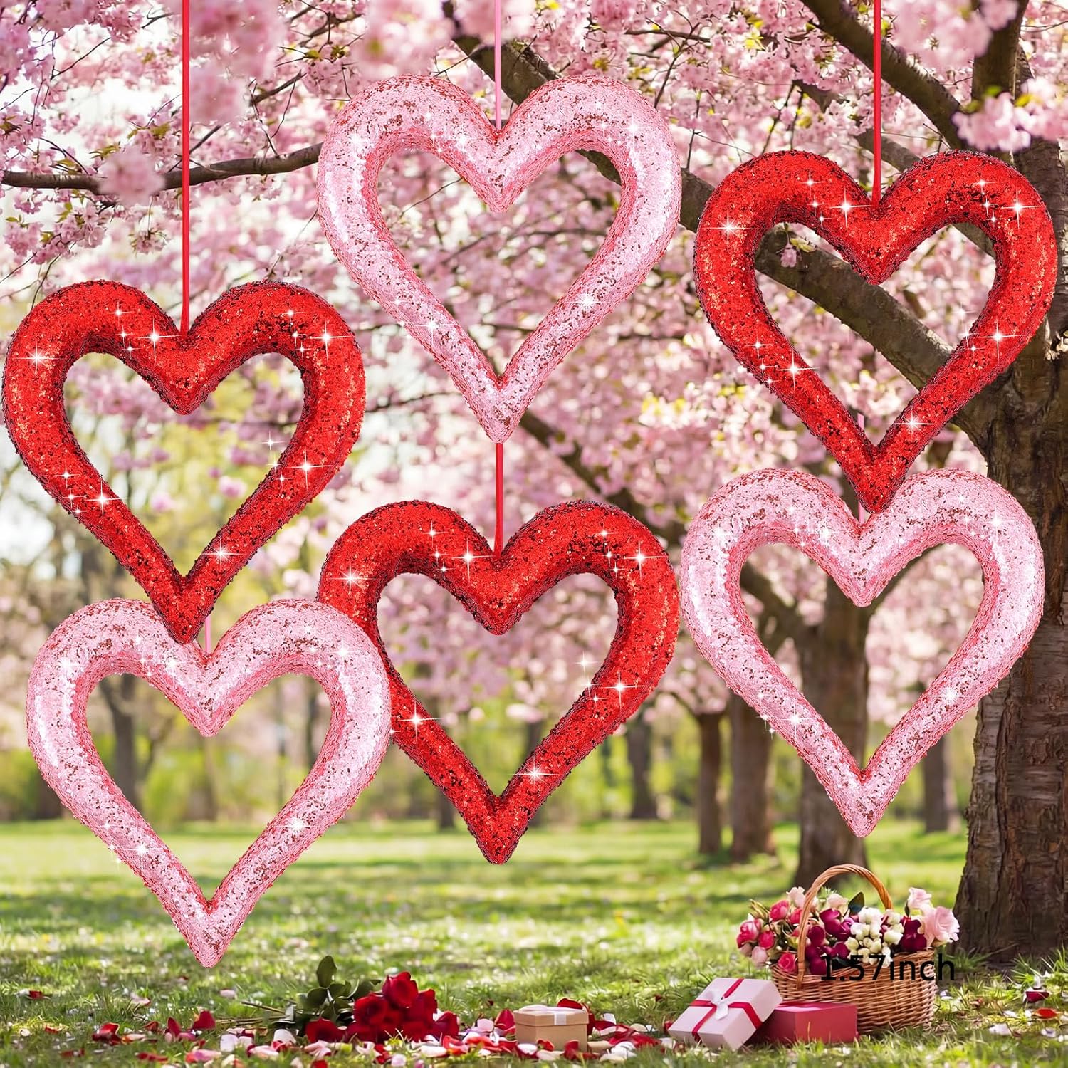 6 Pcs Large Heart Ornaments for Valentines 10'' 3D Glitter Heart Hanging Ornament for Tree Wreath Door Home Window Valentine's Day Wedding Holiday Decor(Red and Pink,Fine Glitter)